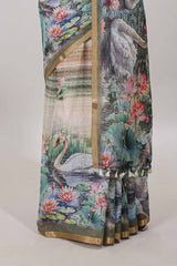Olive green linen saree with self zari border
