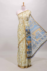 Olive green striped shibori print linen cotton saree