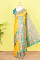Olive yellow art silk elephant motif saree