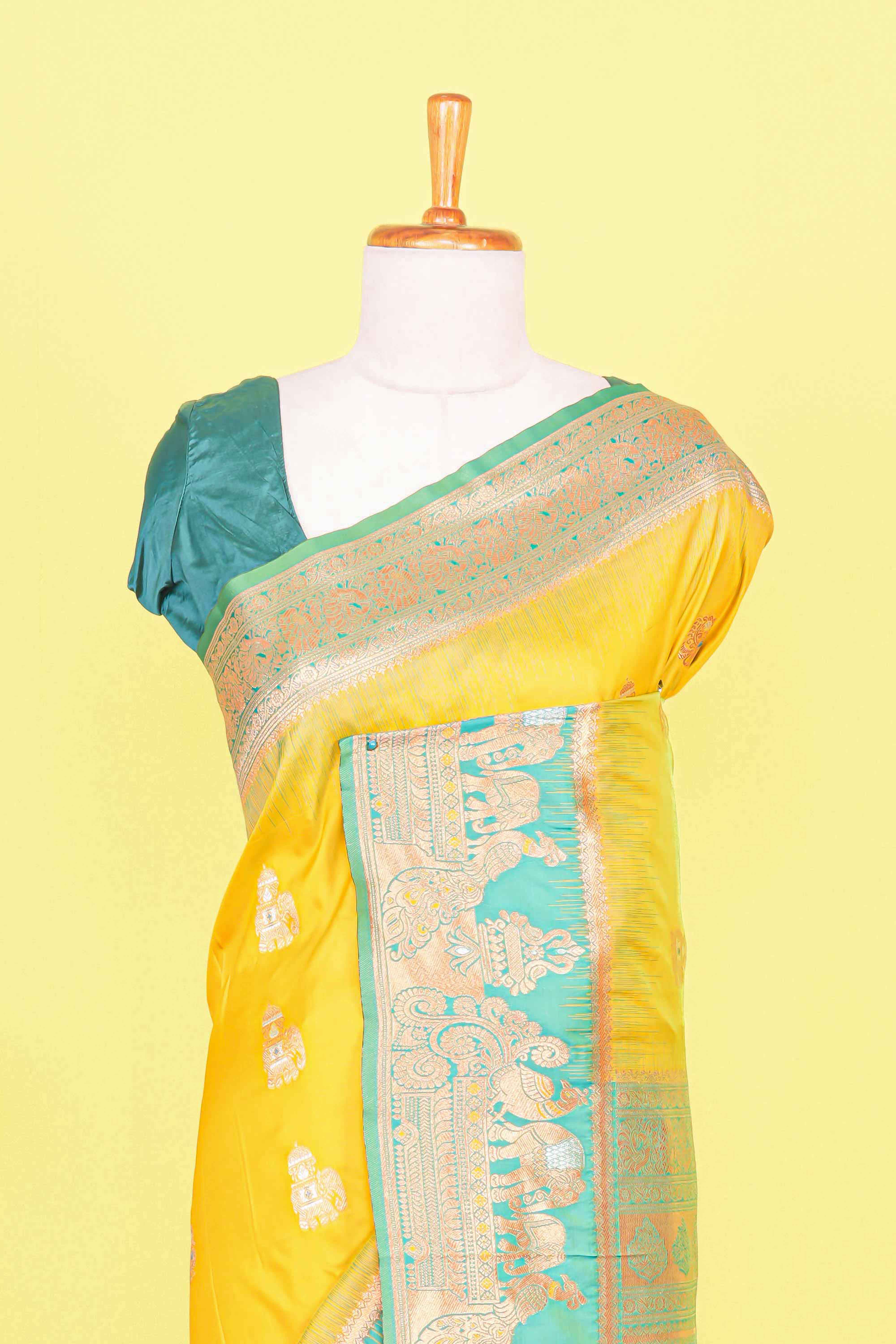Olive yellow art silk woven saree