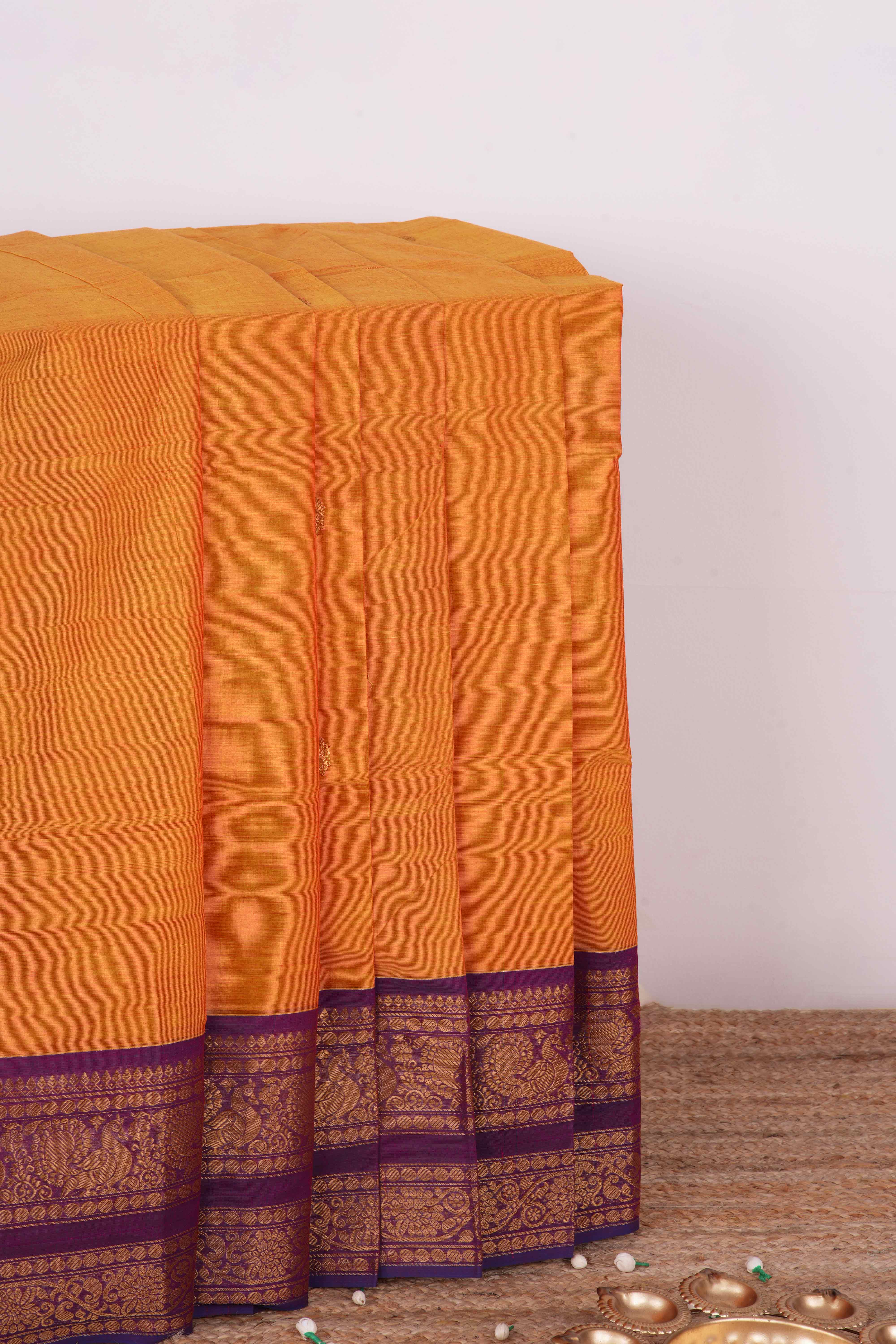 Orange Chettinad cotton rich pallu saree