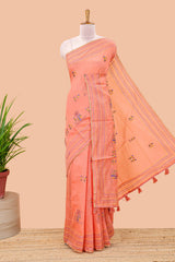 Orange chanderi cotton saree warli art embroidery pallu