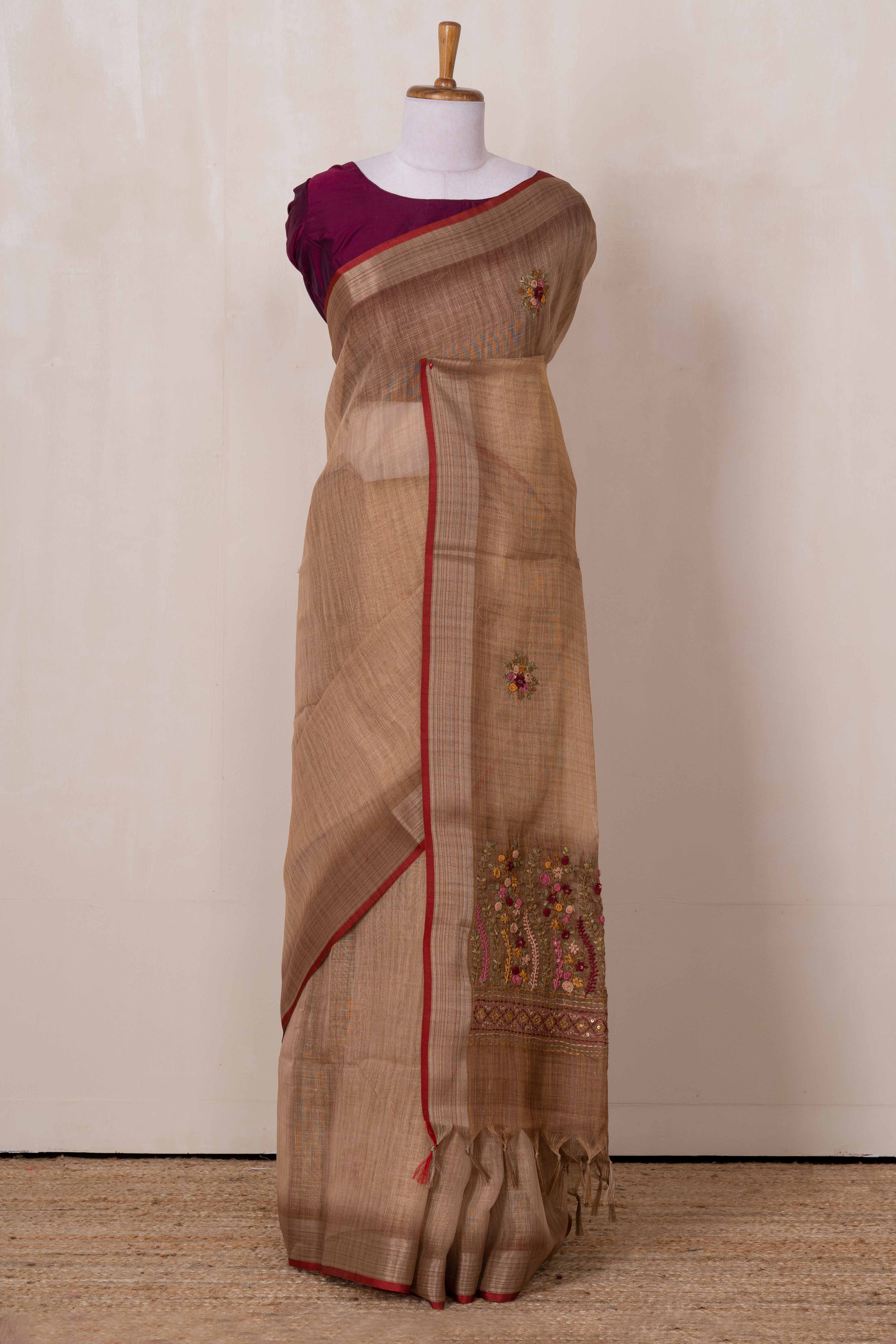 Orange floral linen saree