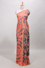 Orange linen cotton saree