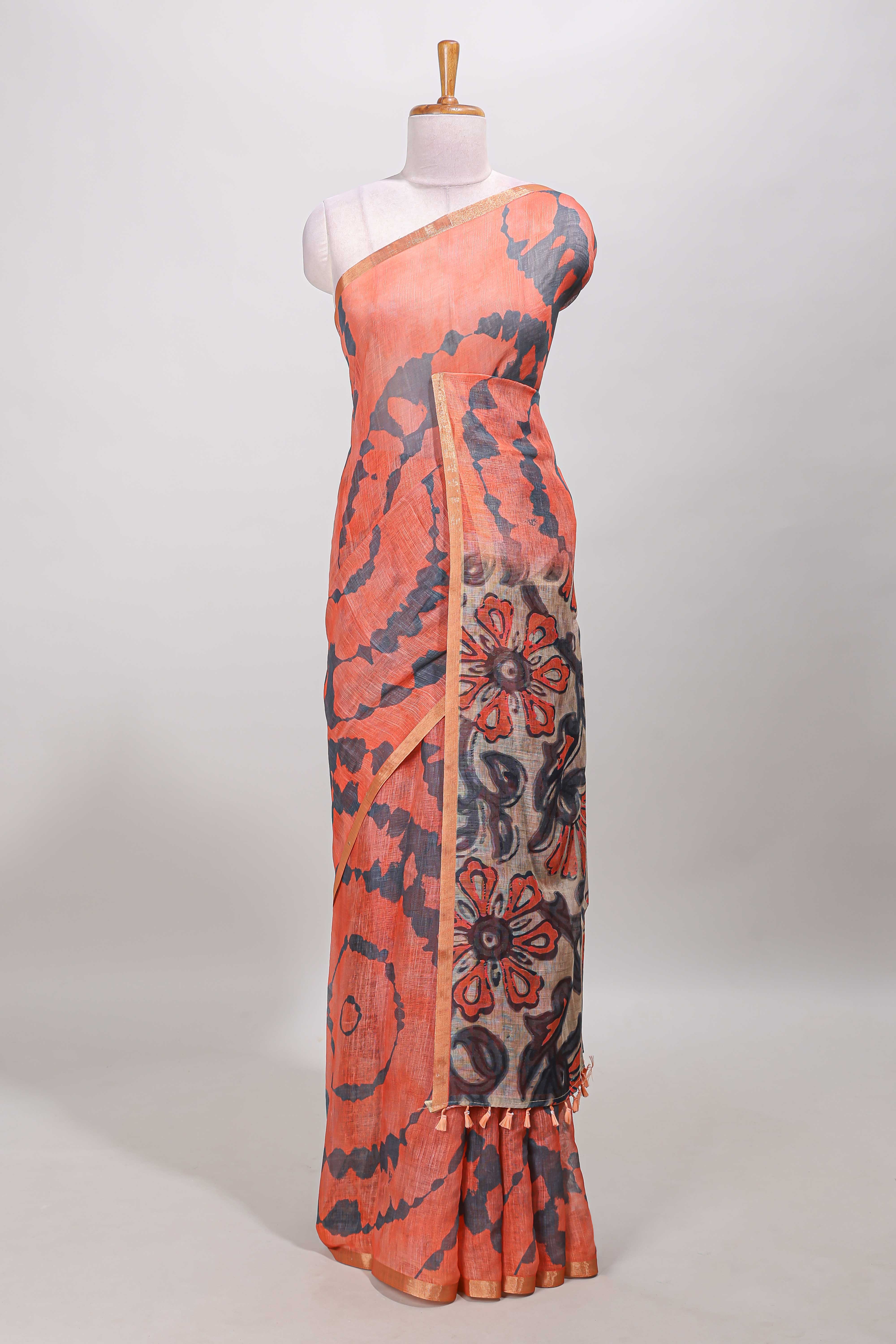 Orange linen cotton saree