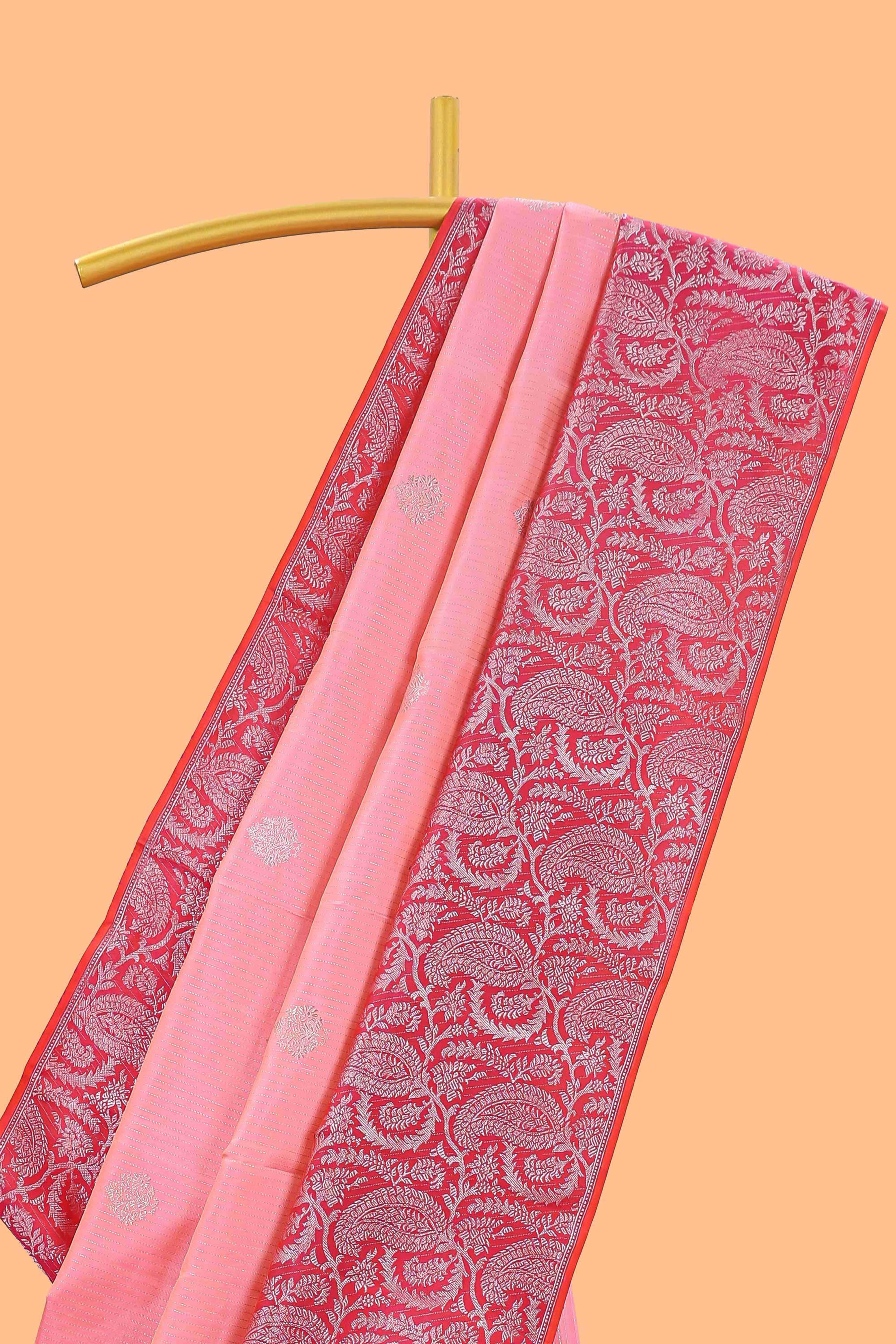 Pink striped floral silver zari butta parambariya pattu saree with contrast zari border and pallu
