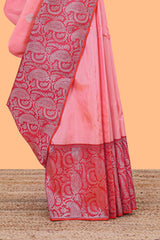 Pink striped floral silver zari butta parambariya pattu saree with contrast zari border and pallu