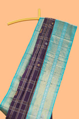 Violet checkedpeacock and floral zari butta parambariya pattu saree with contrast zari border and pallu