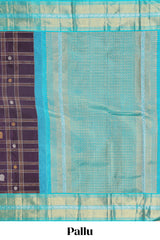 Violet checkedpeacock and floral zari butta parambariya pattu saree with contrast zari border and pallu