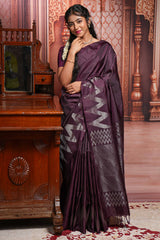 Purple silver zari striped parambariya pattu saree with self chevron design border and matching pallu