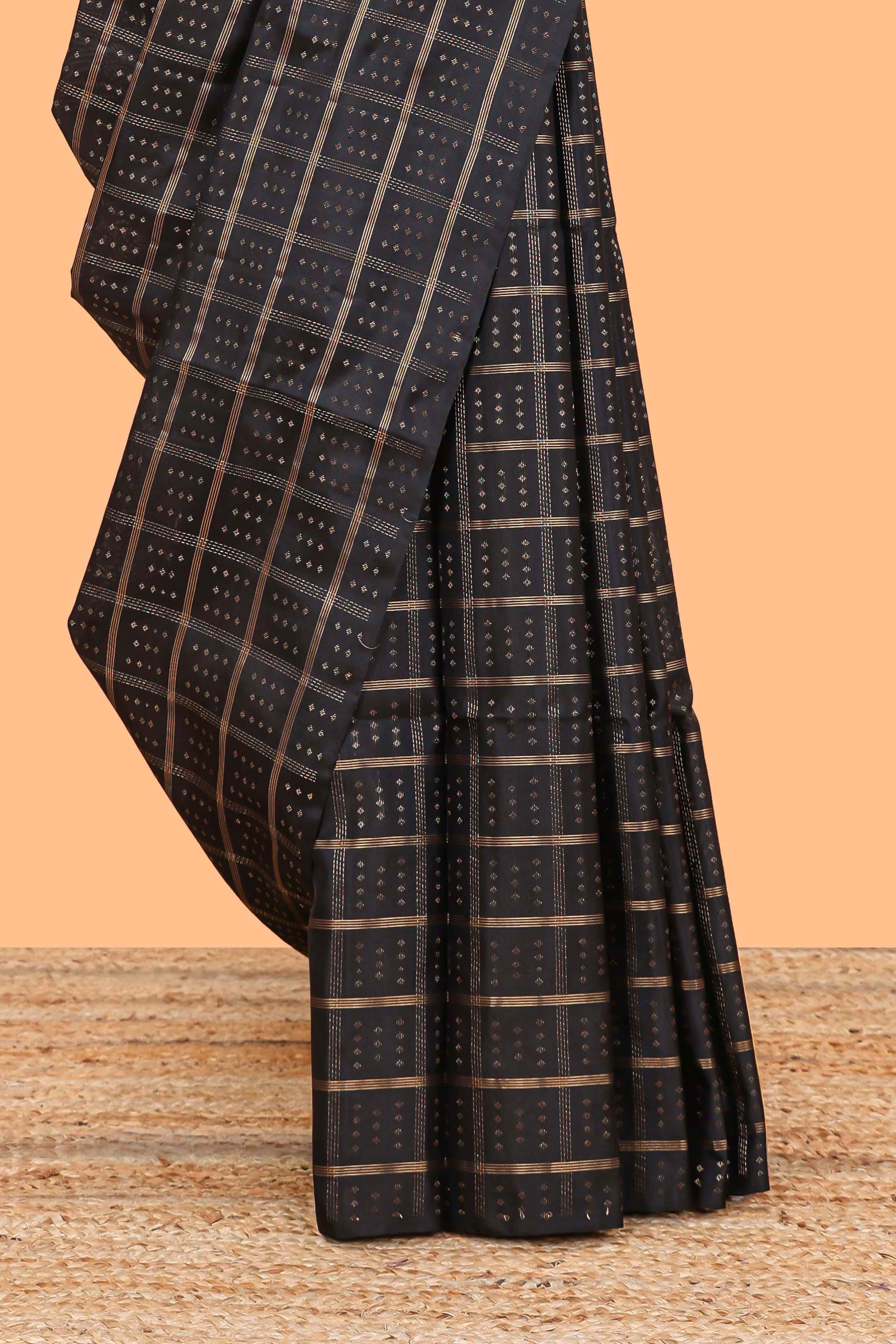 Borderless black zari checked parambariya pattu saree with contrast pallu and checked blouse
