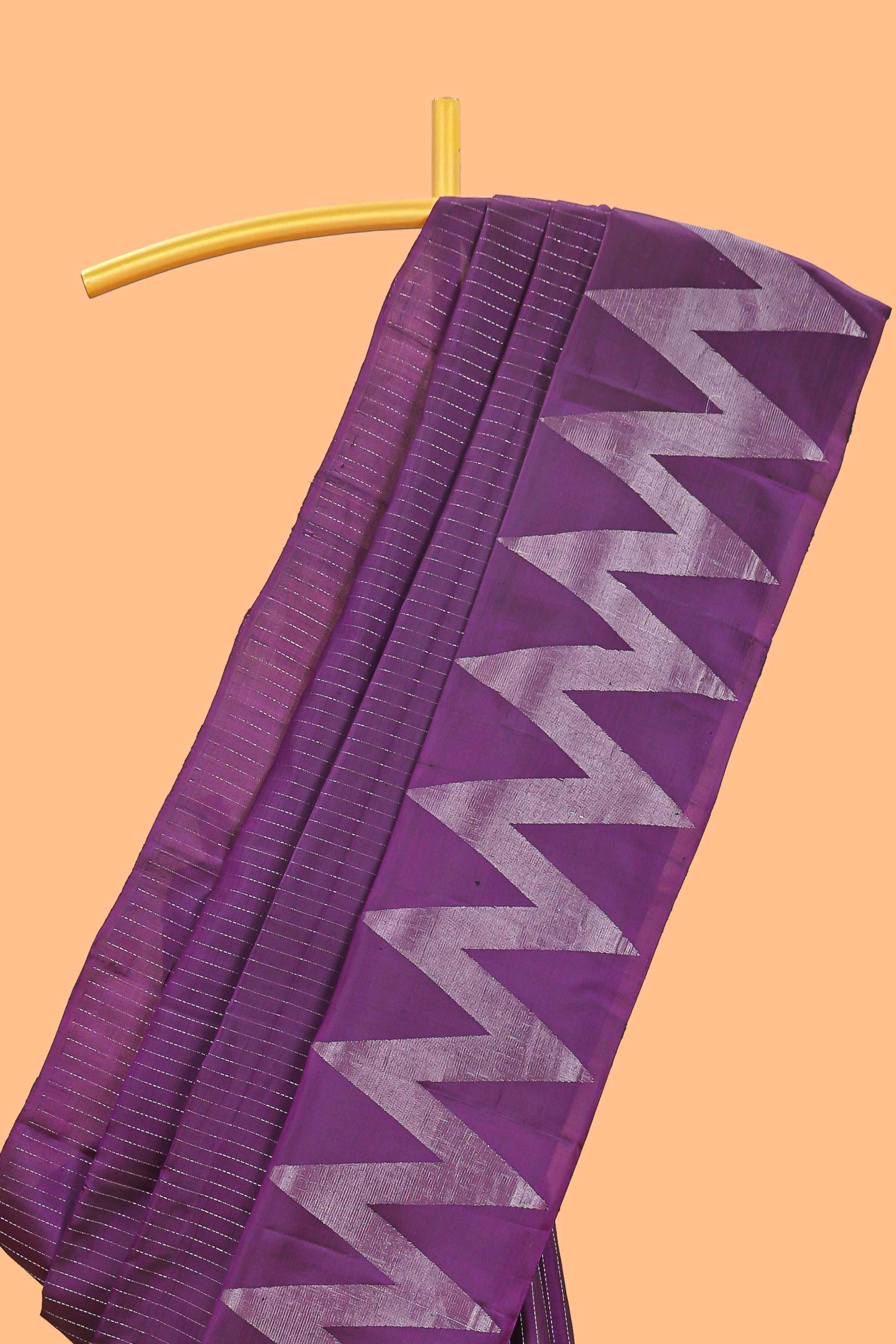 Purple silver zari striped parambariya pattu saree with self chevron design border and matching pallu