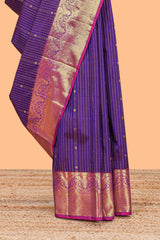 Purple striped zari design parambariya pattu saree with contrast border and pallu