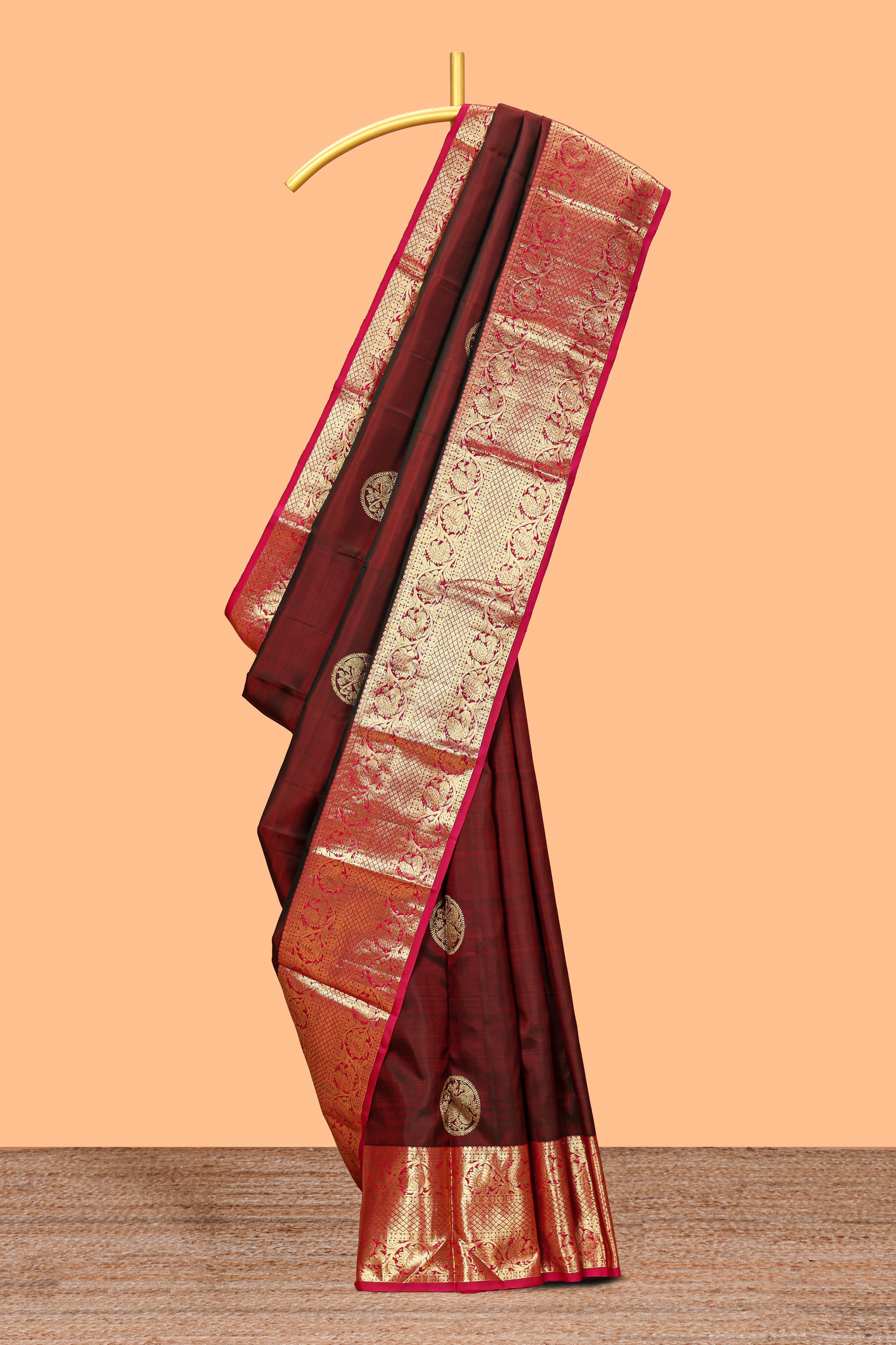 Maroon zari motifs design parambariya pattu saree with contrast border and blouse