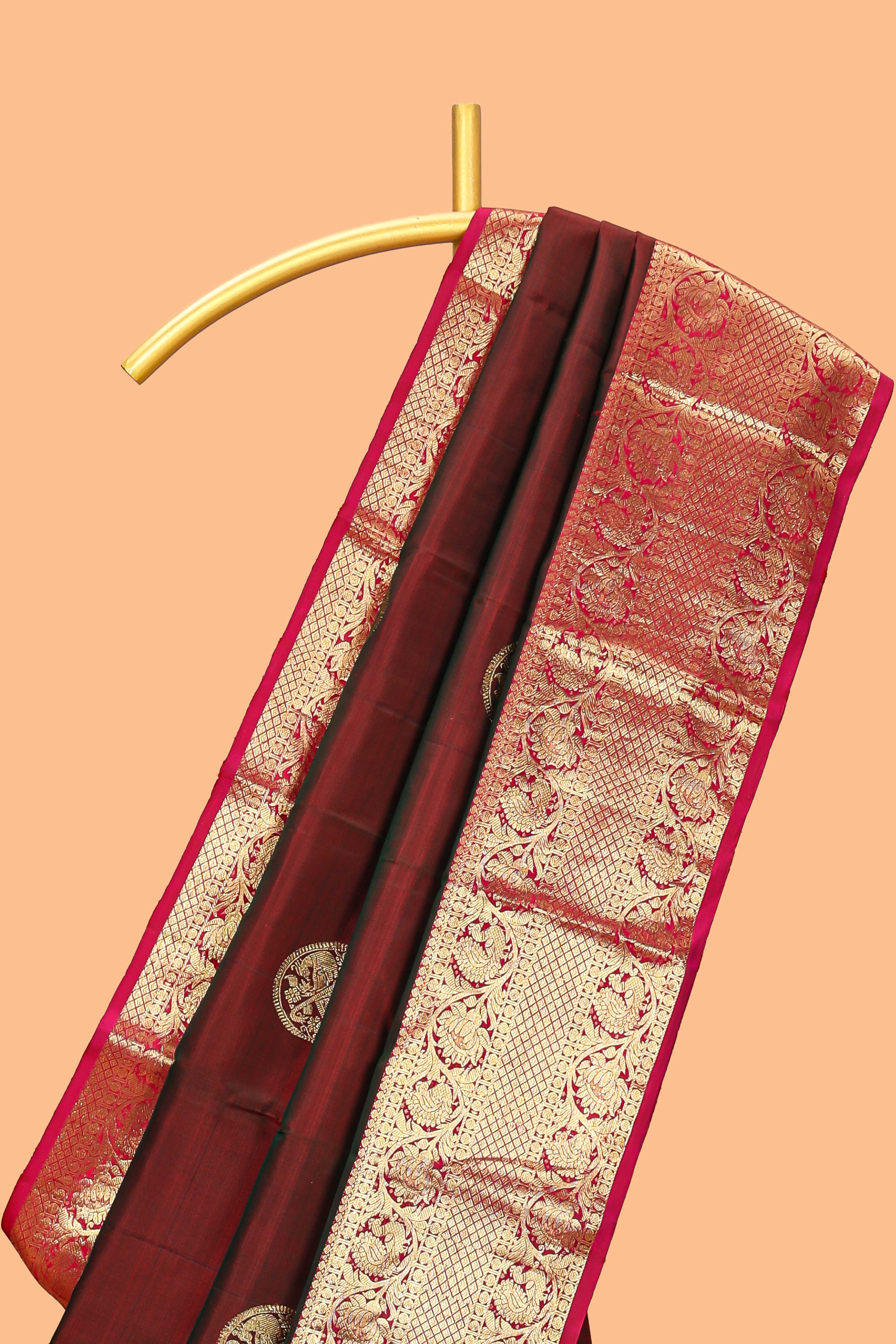 Maroon zari motifs design parambariya pattu saree with contrast border and blouse