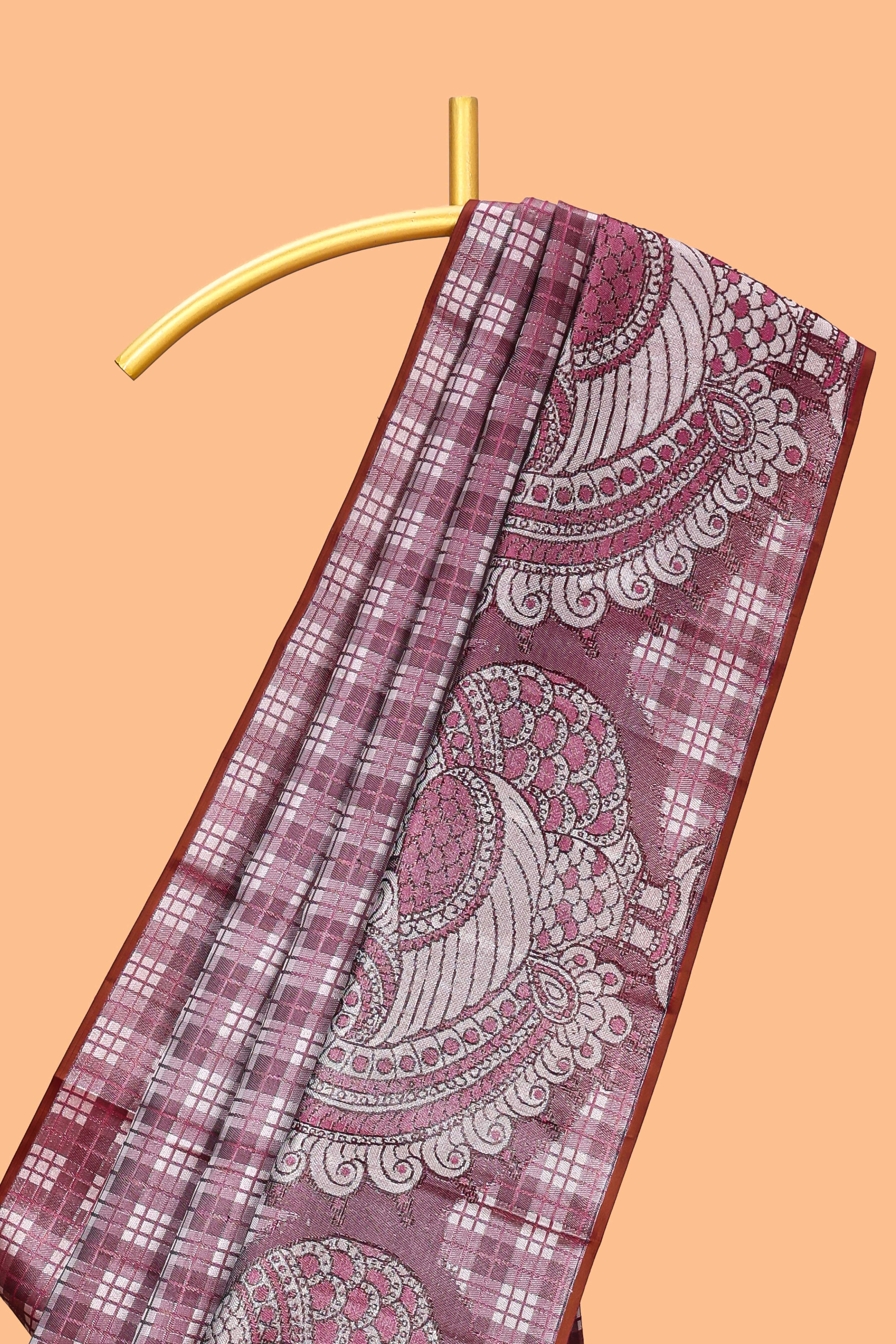 Borderless soft maroon checked & bird design parambariya pattu saree with contrast border and printed blouse