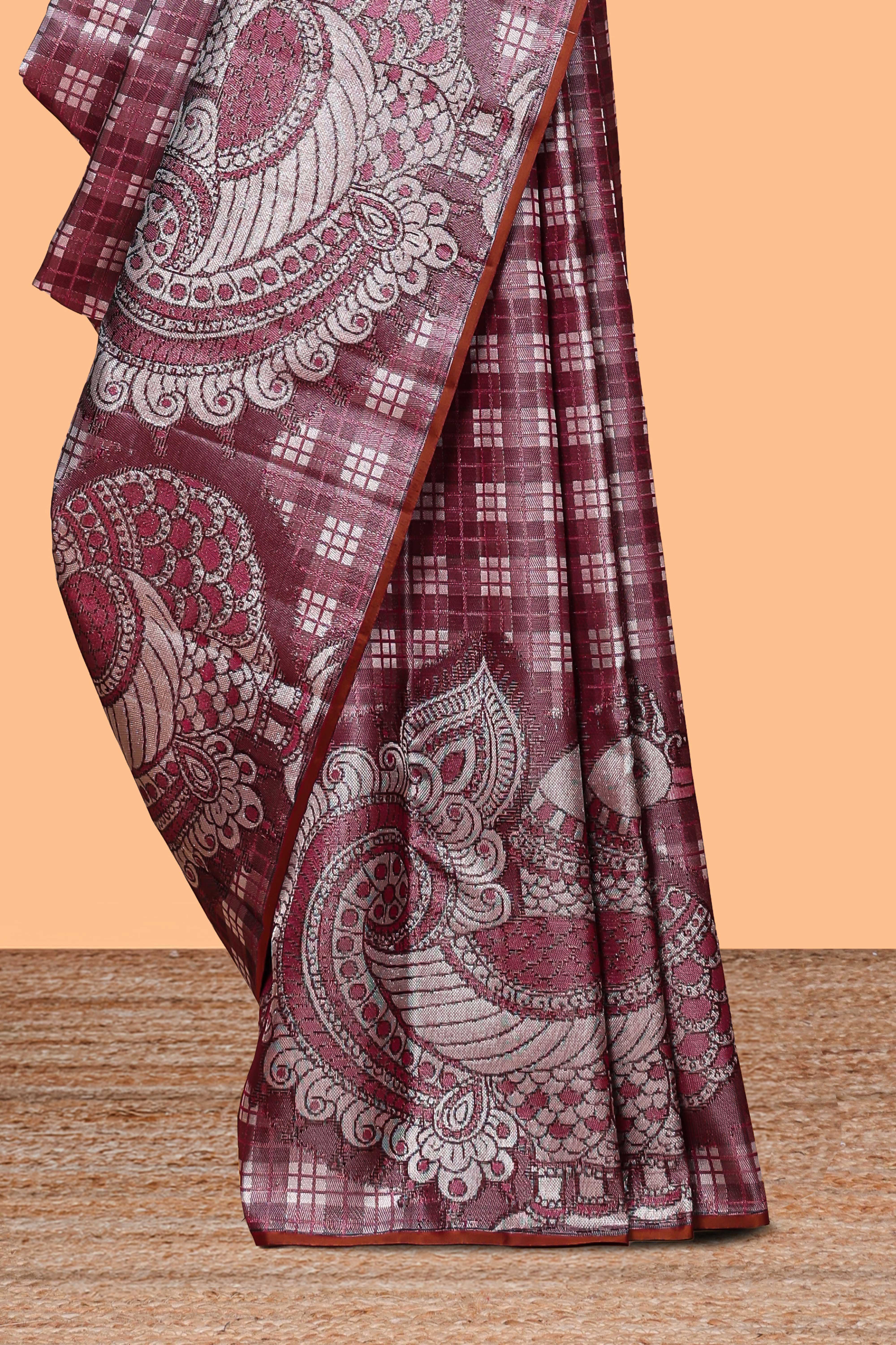 Borderless soft maroon checked & bird design parambariya pattu saree with contrast border and printed blouse