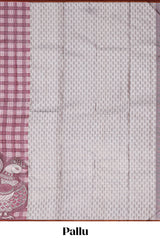 Borderless soft maroon checked & bird design parambariya pattu saree with contrast border and printed blouse