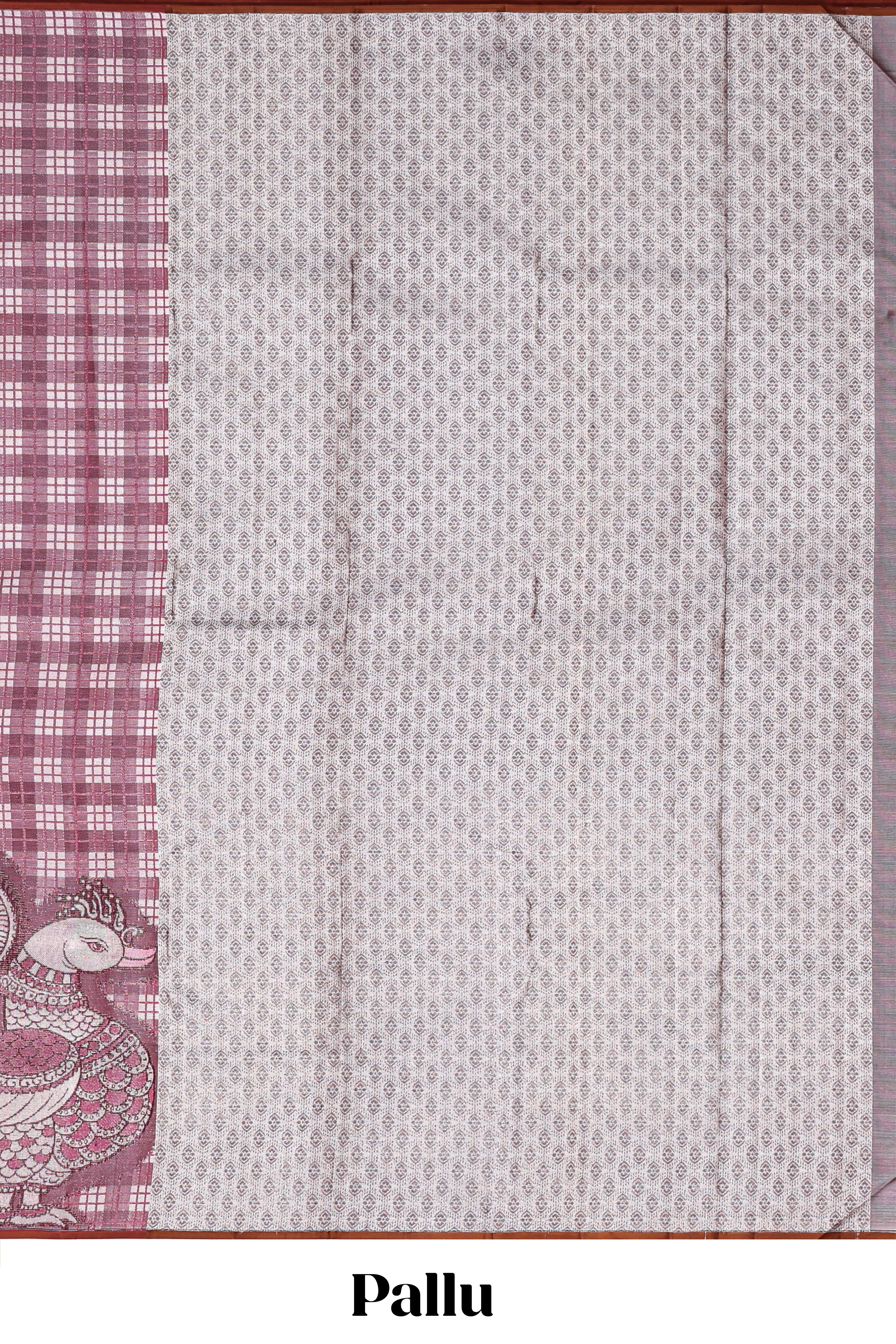 Borderless soft maroon checked & bird design parambariya pattu saree with contrast border and printed blouse