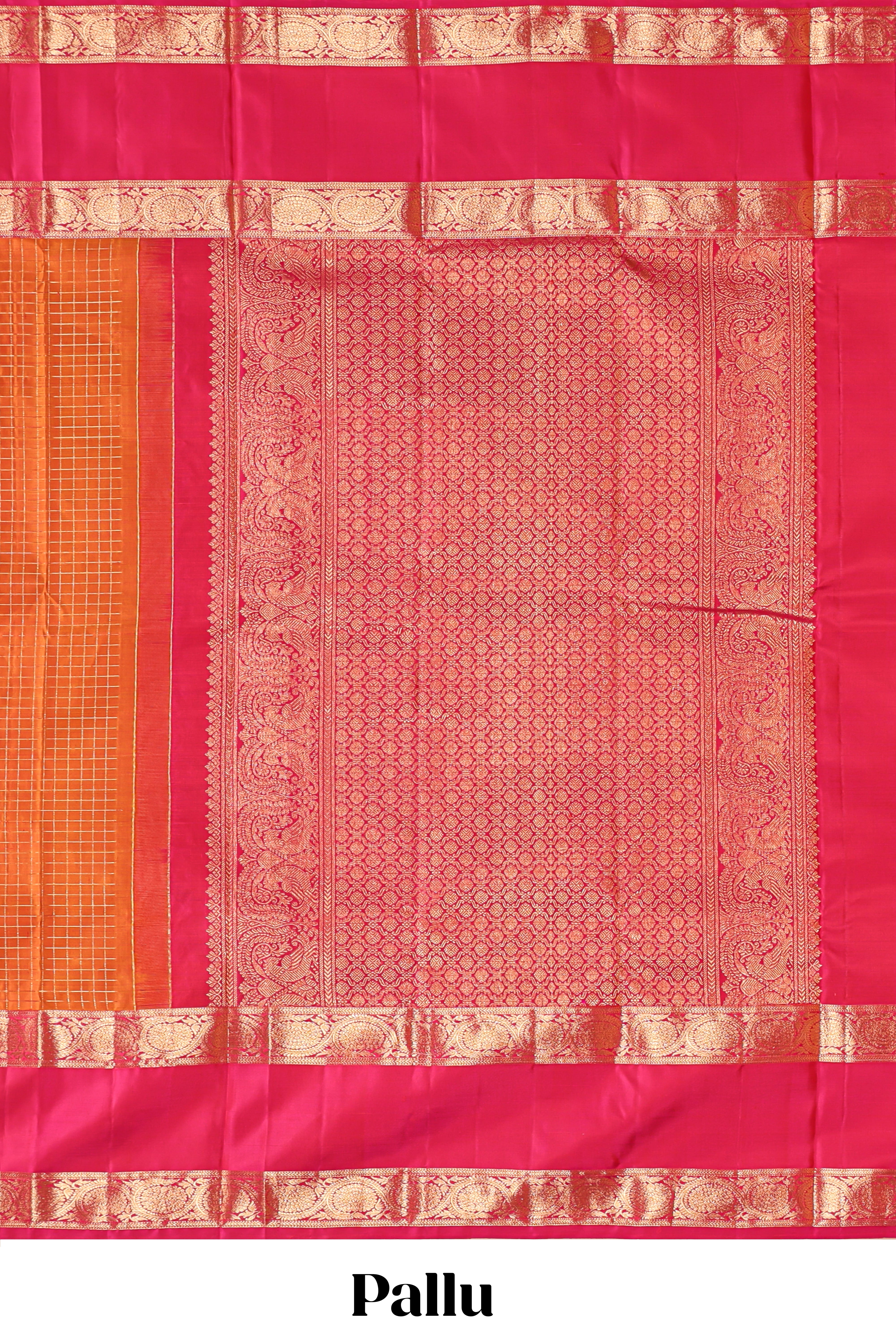 Orange zari checked parambariya pattu saree with contrast bentex border and blouse