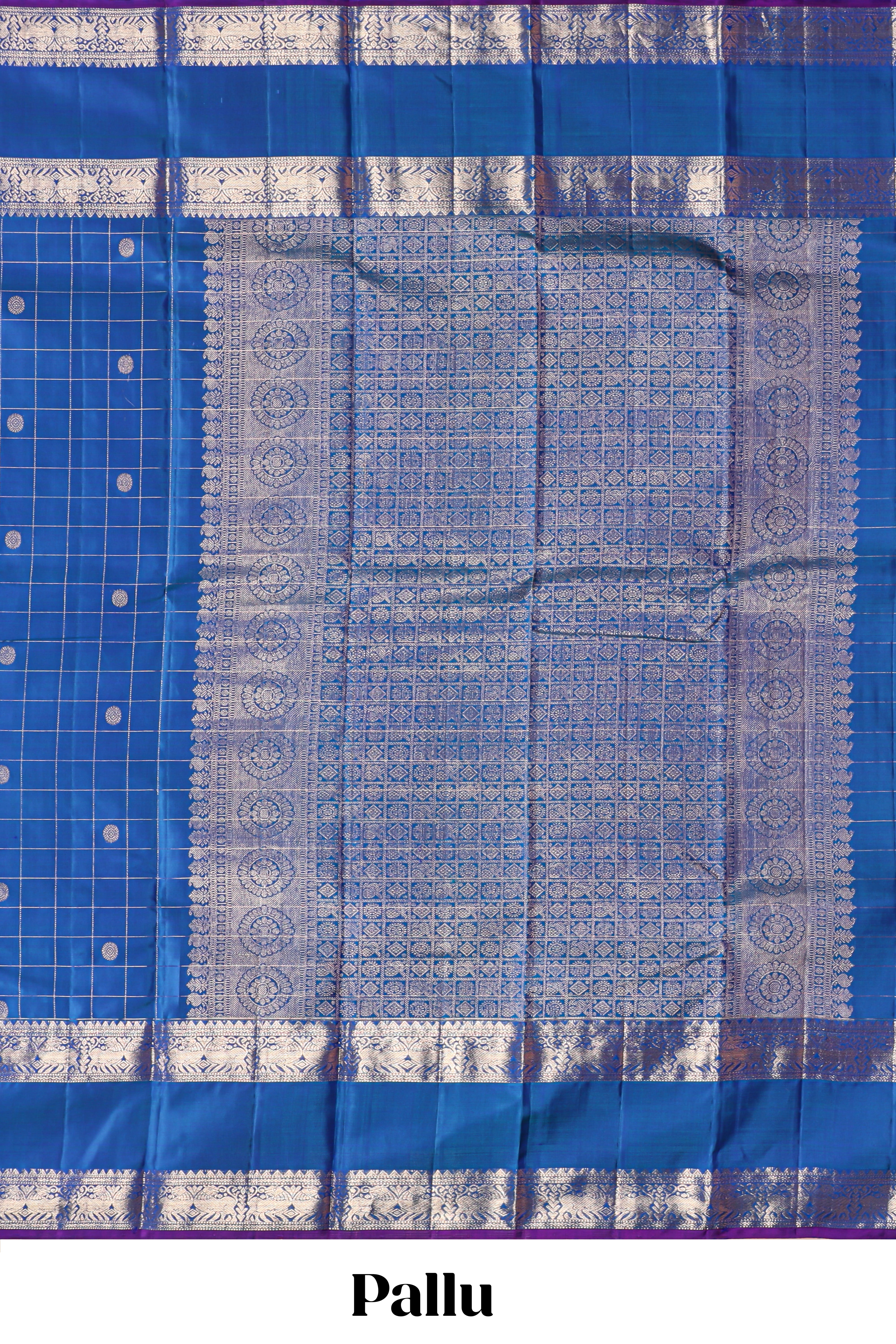 Midnight blue checked zari motifs parambariya pattu saree with self zari border and contrast blouse