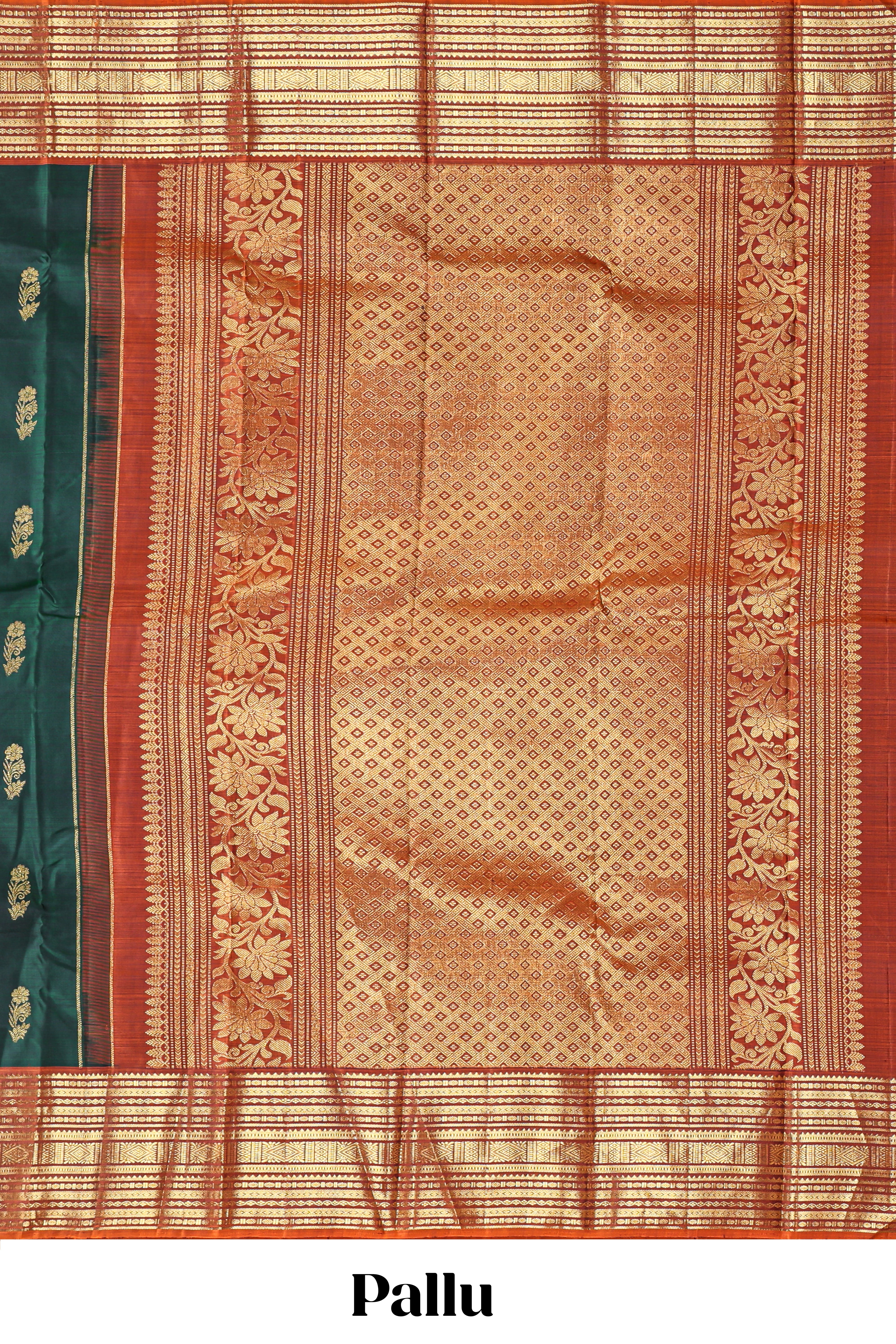 Bottle green floral design zari motifs parambariya pattu saree with contrast zari border and contrast blouse