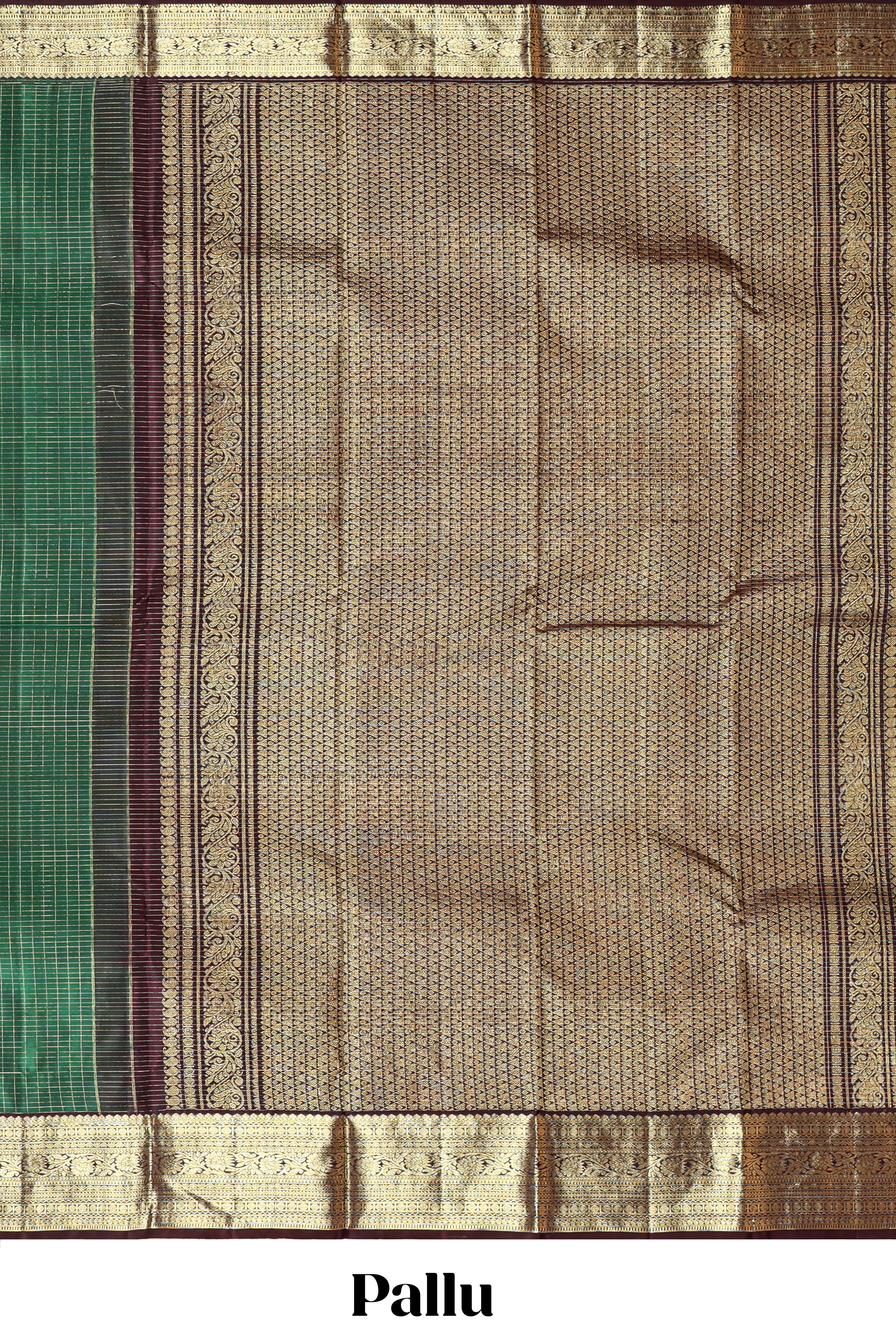 Green checked floral design zari motifs parambariya pattu saree with contrast zari border and contrast blouse