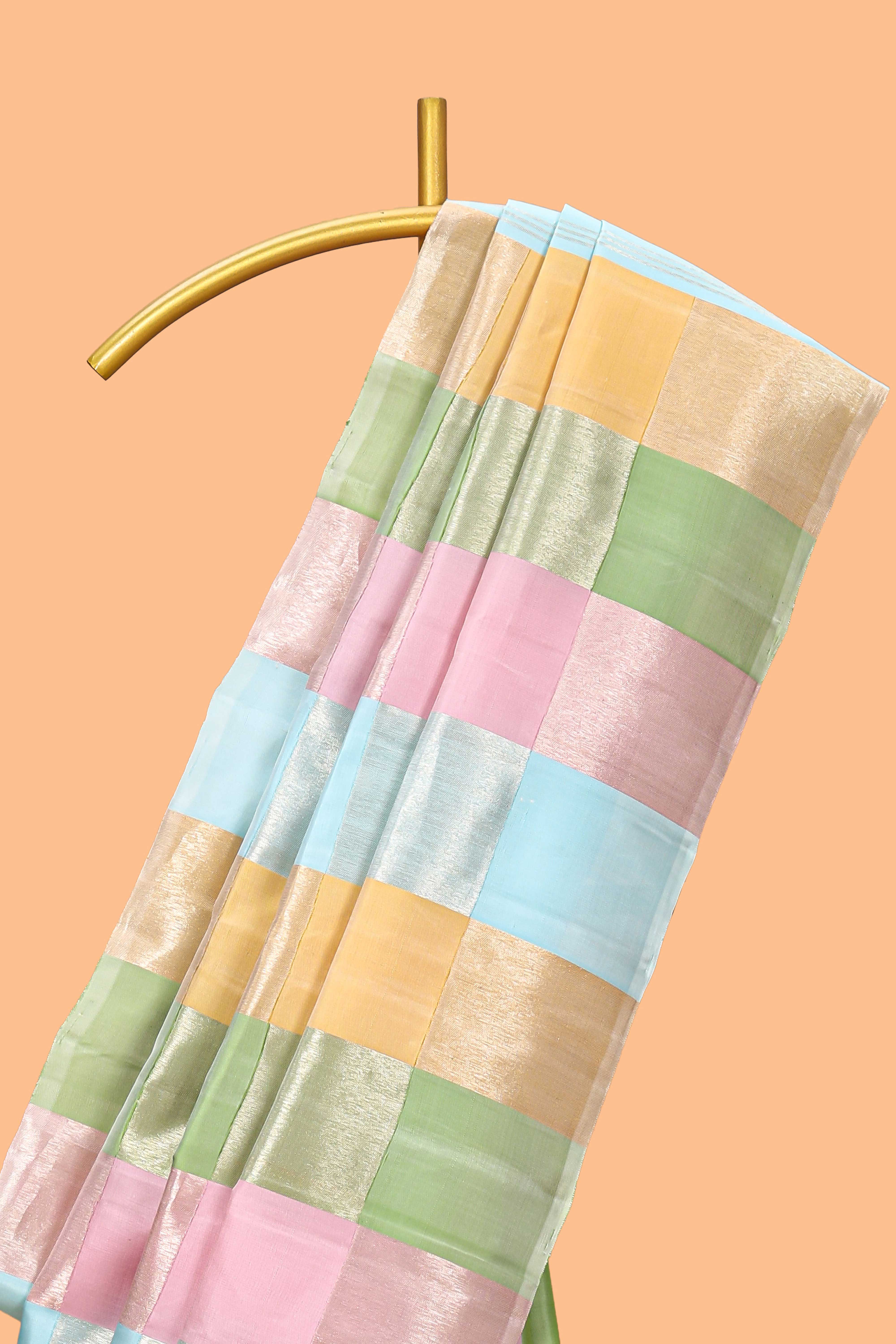 Borderless multi color parambariya pattu saree with contrast zari striped pallu and blouse
