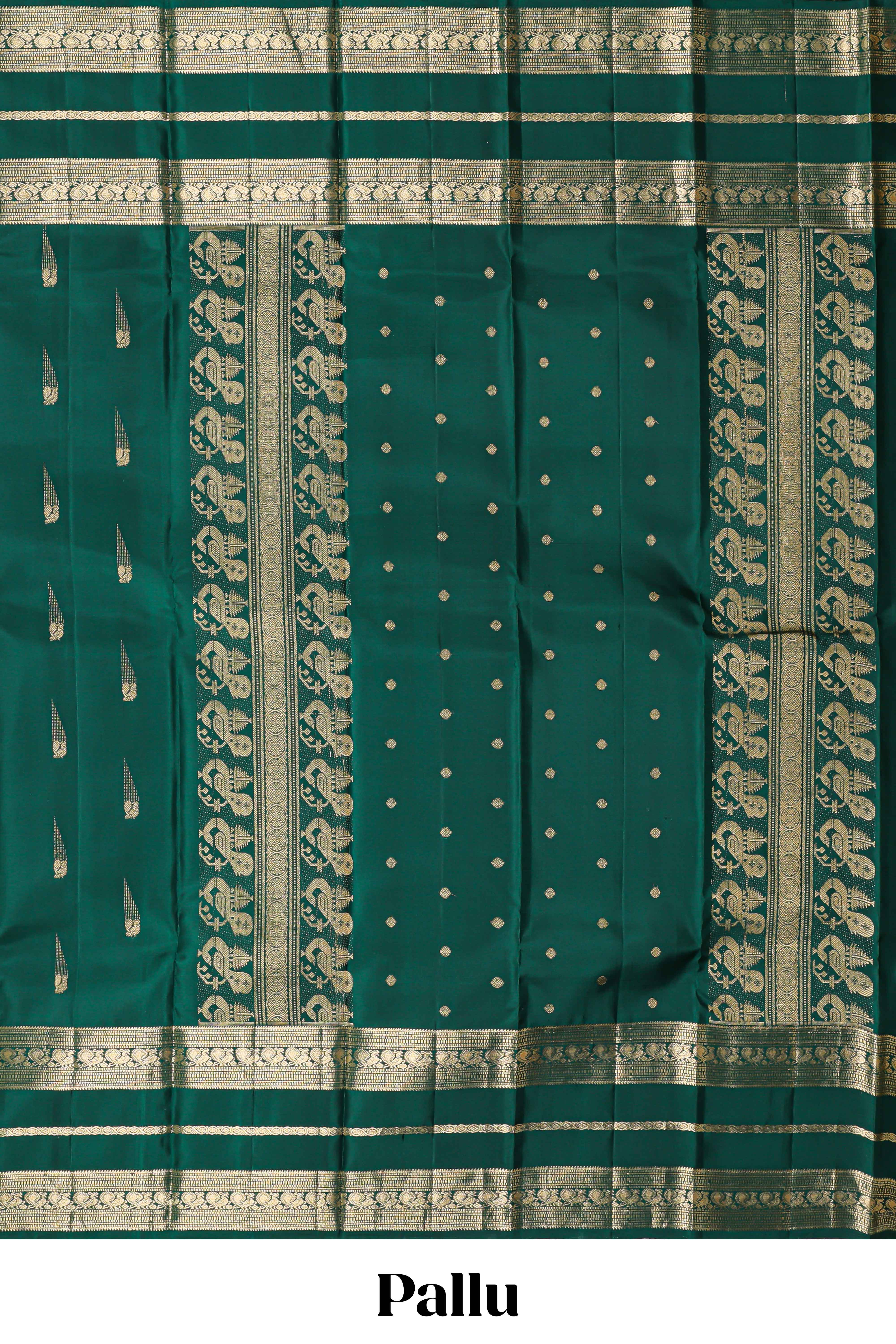 Dark green gold zari butta motifs parambariya pattu saree with self zari border and matching blouse