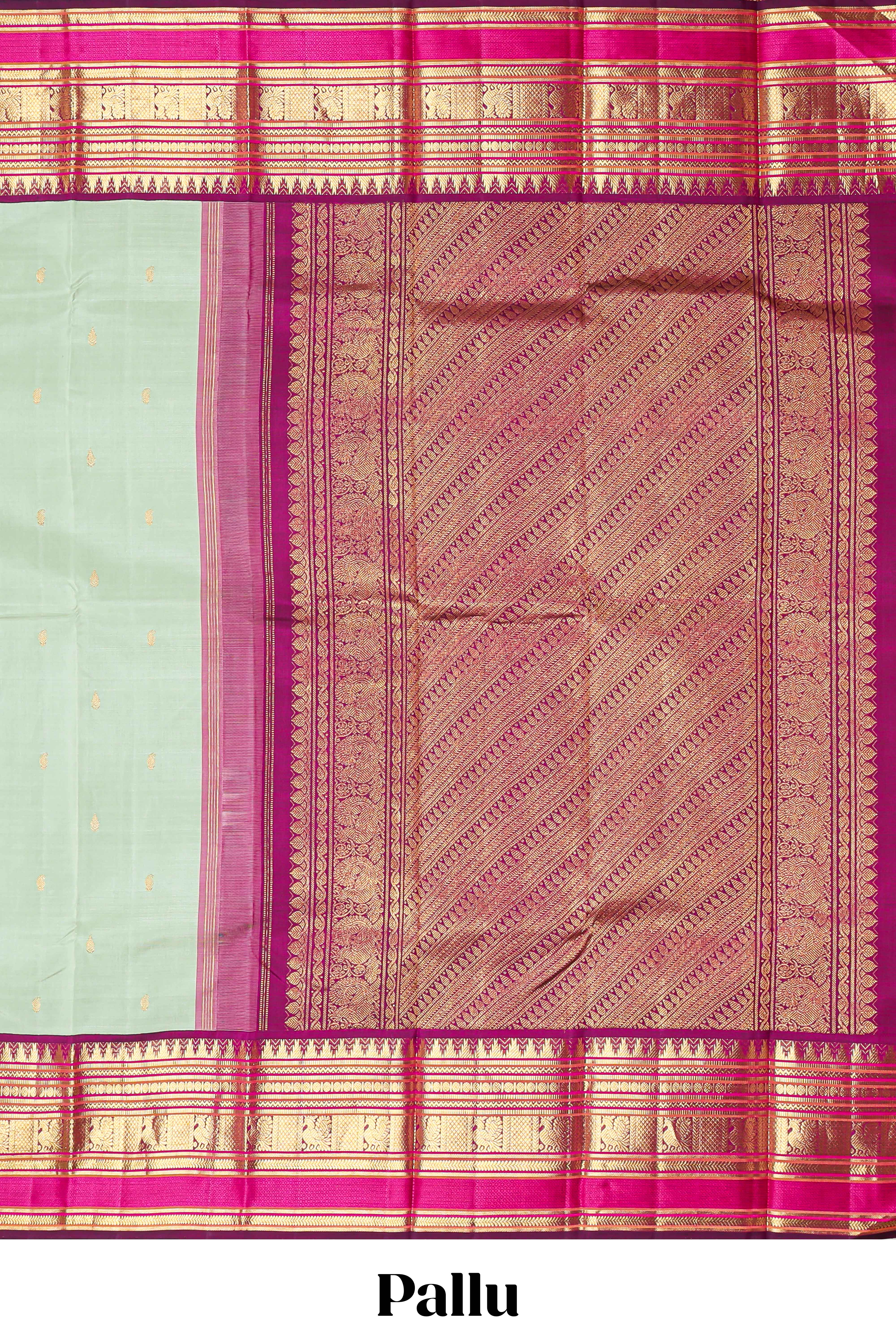 Mint green gold zari butta designed parambariya pattu saree with contrast golden zari border and contrasting pallu beautiful zari design