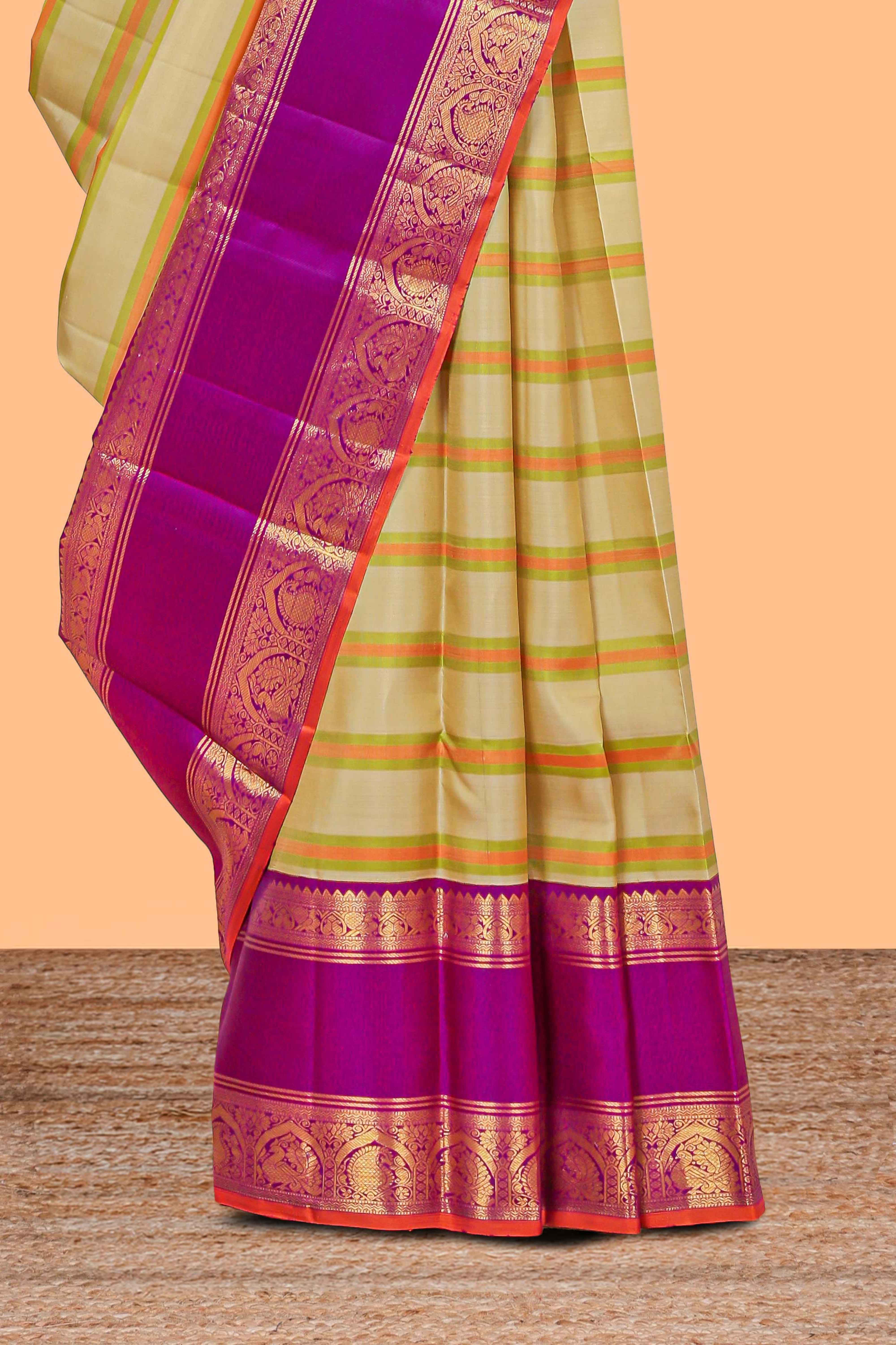 Multicolor striped parambariya pattu saree with contrast zari border and pallu with zari design