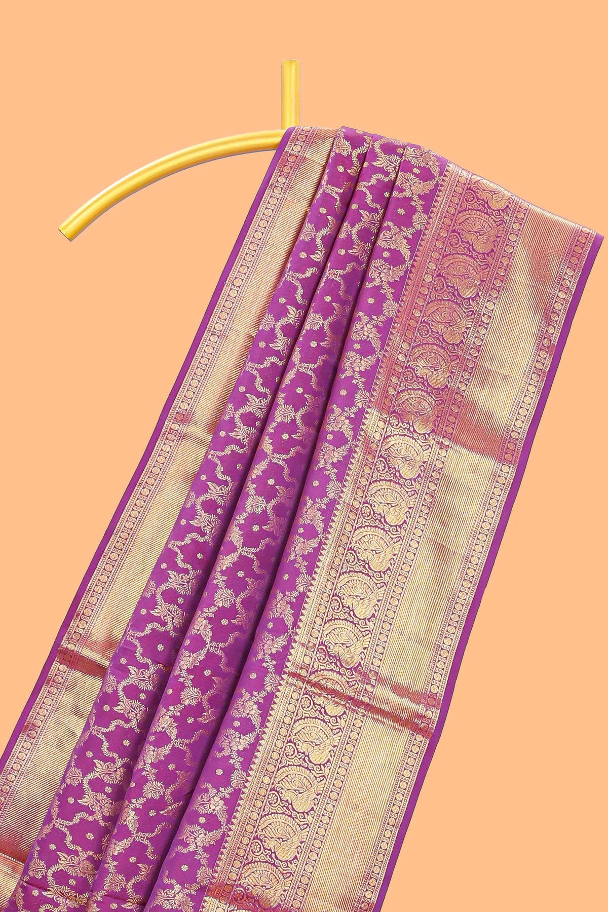 Plum magenta gold floral-vine jaal pattern parambariya pattu saree with self peacock zari border and pallu
