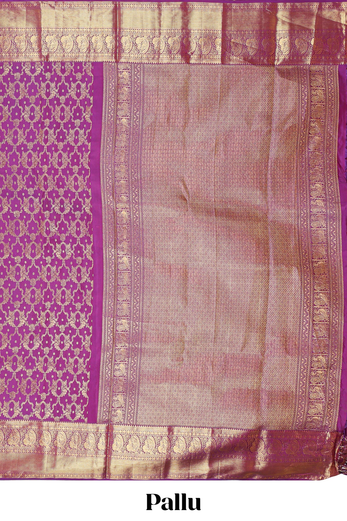 Plum magenta gold floral-vine jaal pattern parambariya pattu saree with self peacock zari border and pallu
