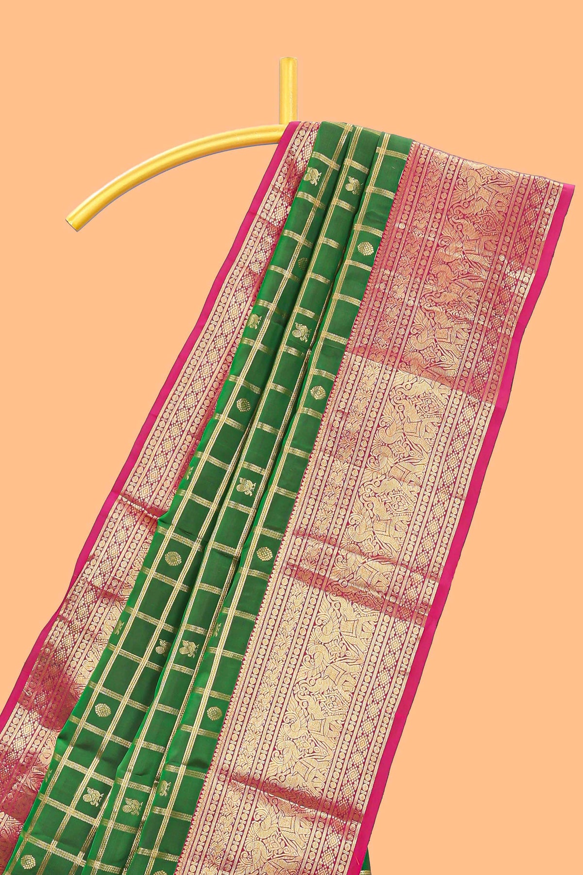 Green Checked butta designed parambariya pattu saree with contrast elephant motif zari border and geometric zari pallu