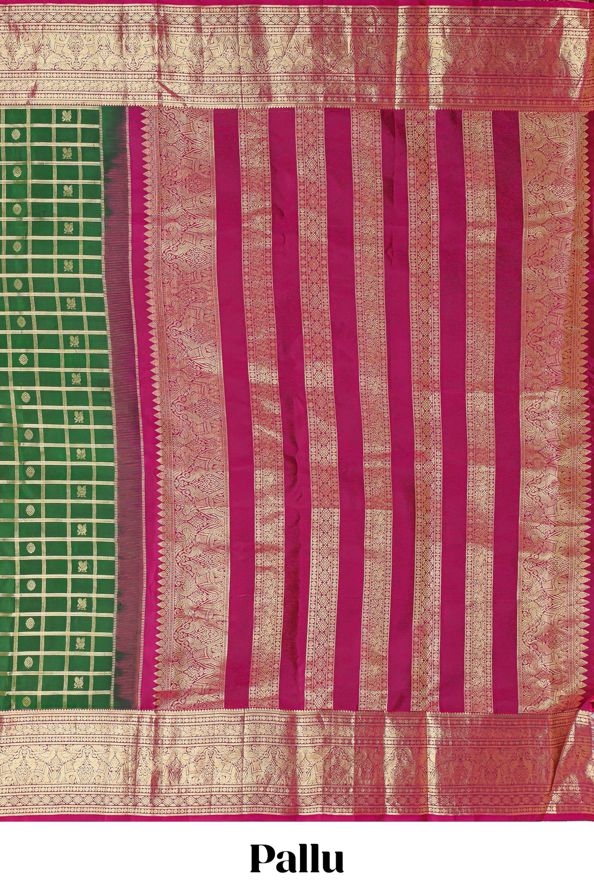Green Checked butta designed parambariya pattu saree with contrast elephant motif zari border and geometric zari pallu