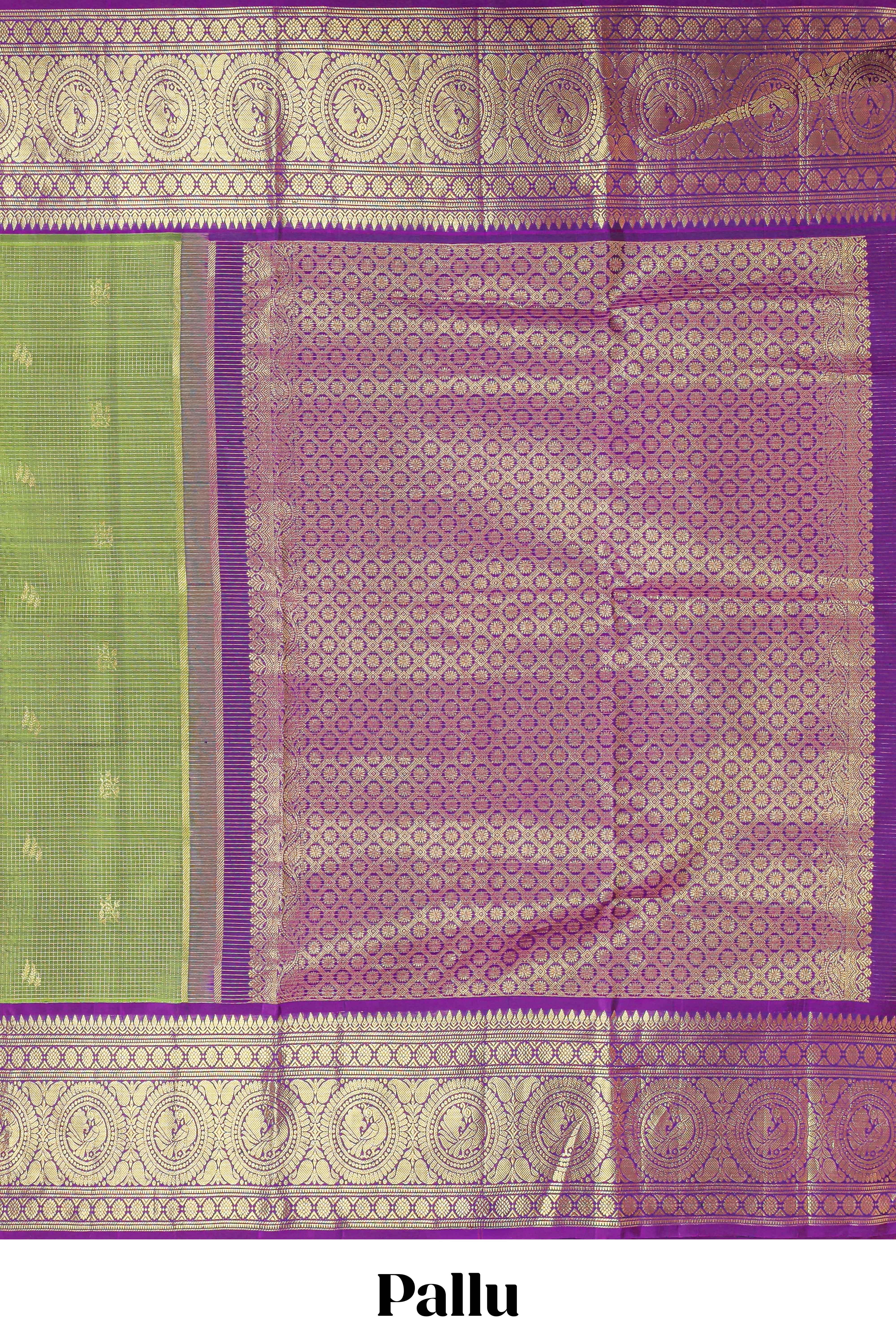 Olive green checked with floral motifs parambariya pattu saree with circular zari medallion border with striped zari designed pallu