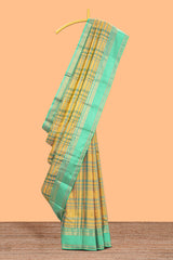 Mustard yellow checked parambariya pattu saree with zari buttas with contrast turquoise green border with zari pallu and plain blouse