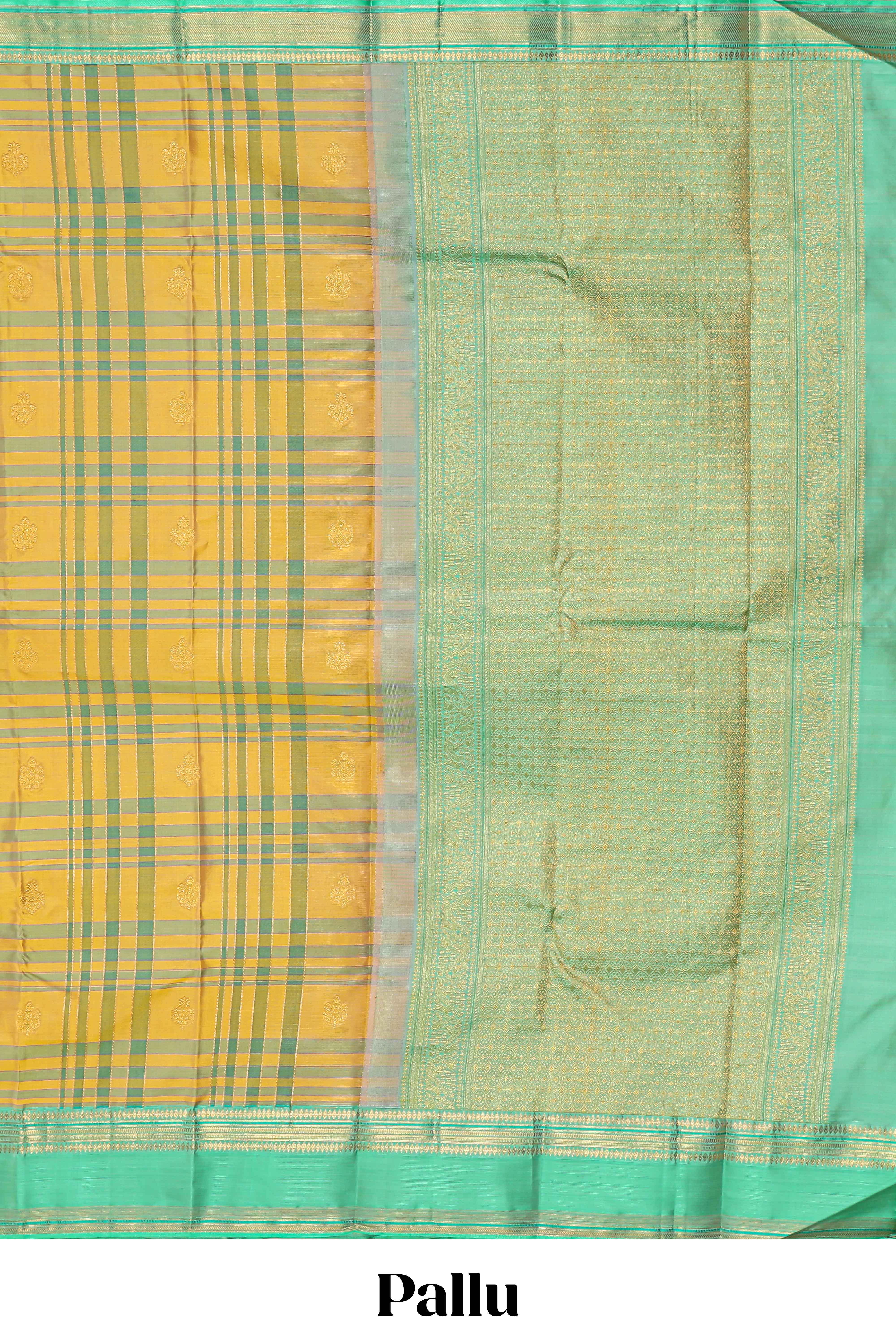 Mustard yellow checked parambariya pattu saree with zari buttas with contrast turquoise green border with zari pallu and plain blouse