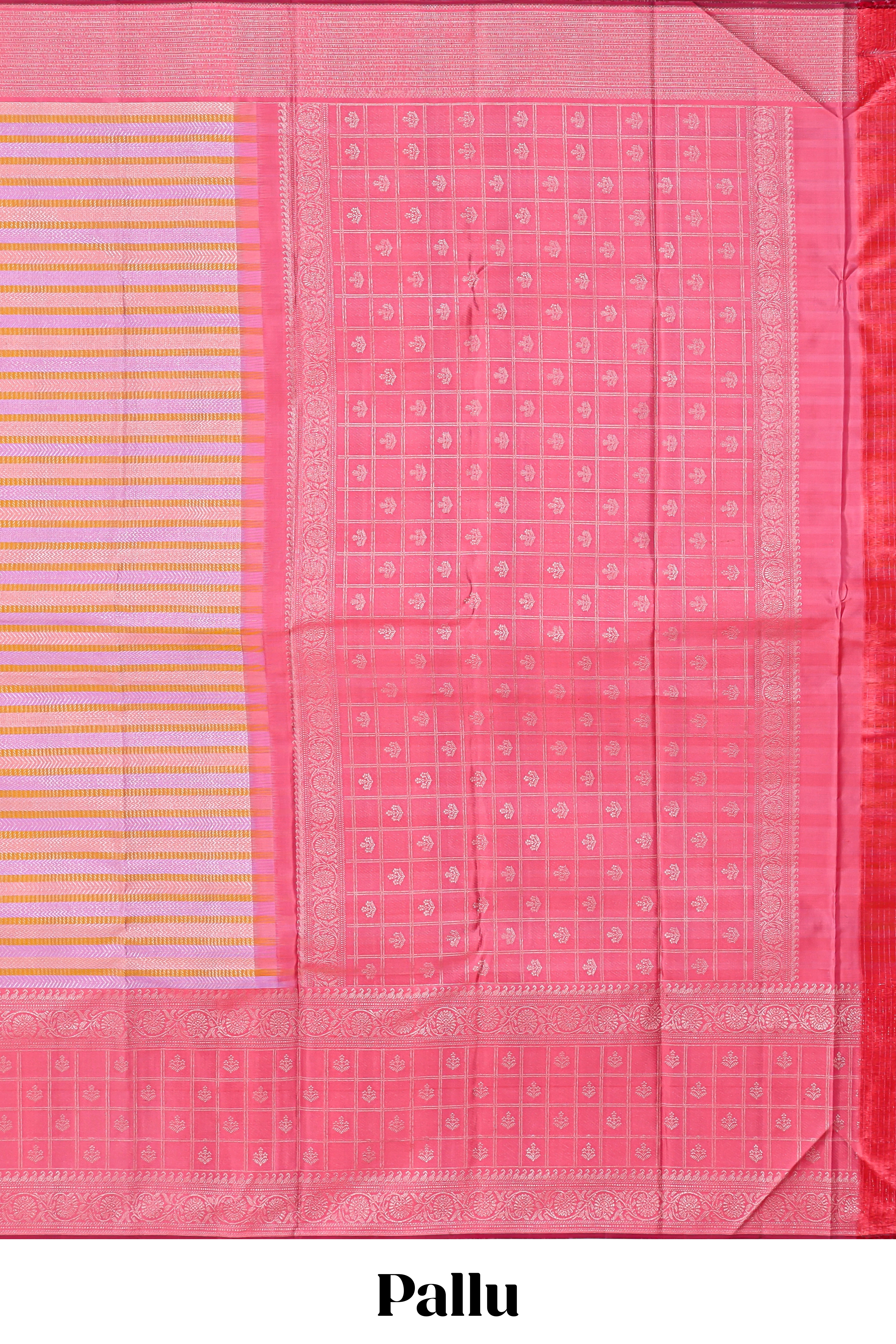 Soft pastel pink zari striped parambariya pattu saree with checked zari border with buttas and pallu comes with plain blush pink blouse