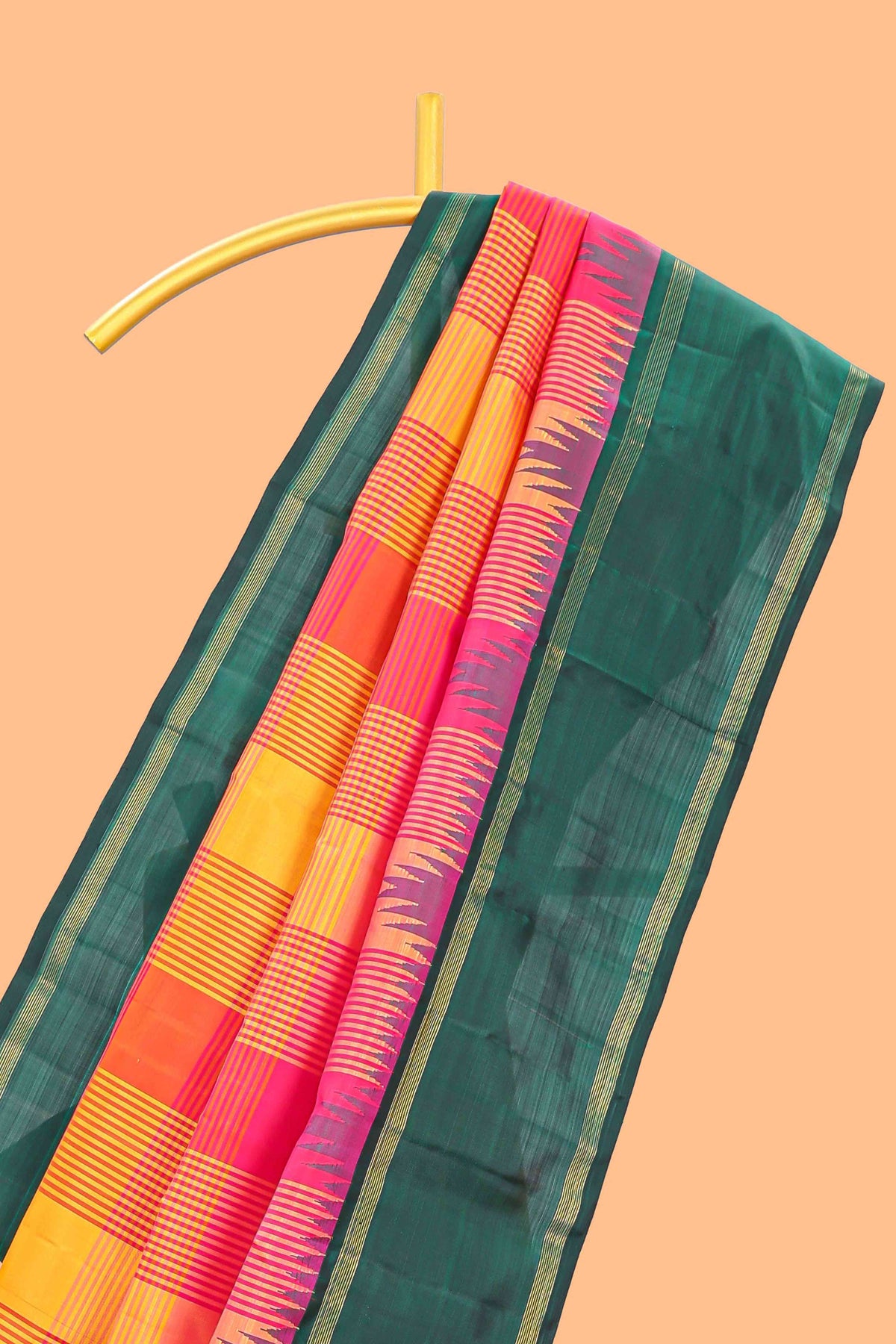 Multicolor striped and checkedparambariya pattu saree with contrst dark green border and pallu along with plain pallu