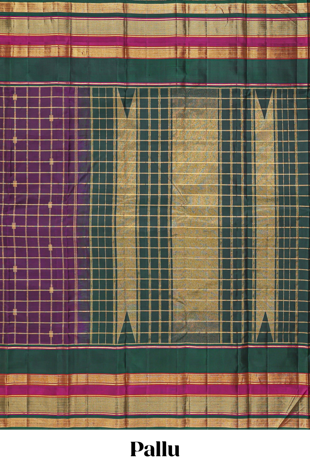 Purple color zari checked parambariya pattu saree with deep green border with zari stripes and contrast checked pallu with blouse