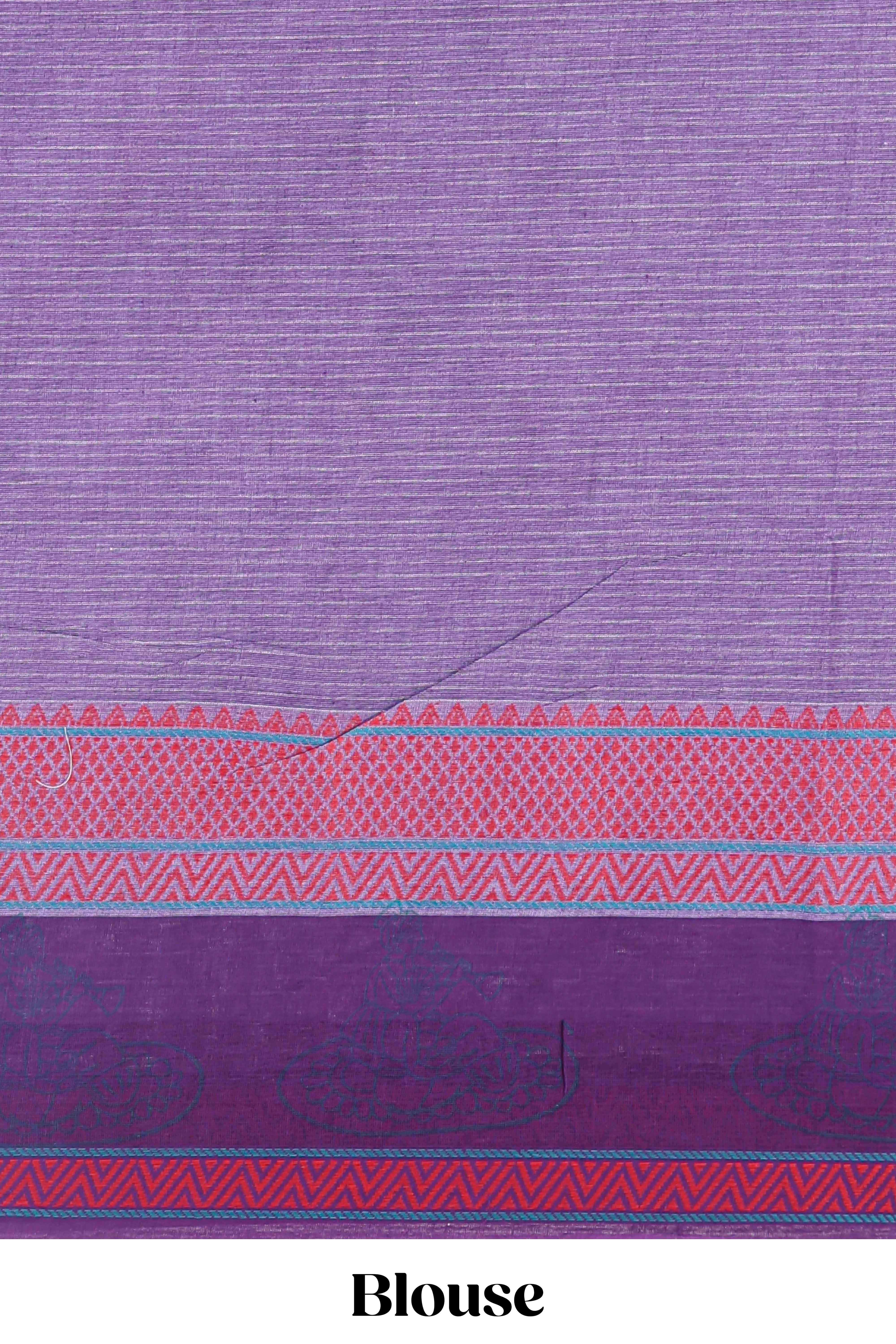 Lavender checked bamboo leaf design chirala cotton saree with self border and matching blouse