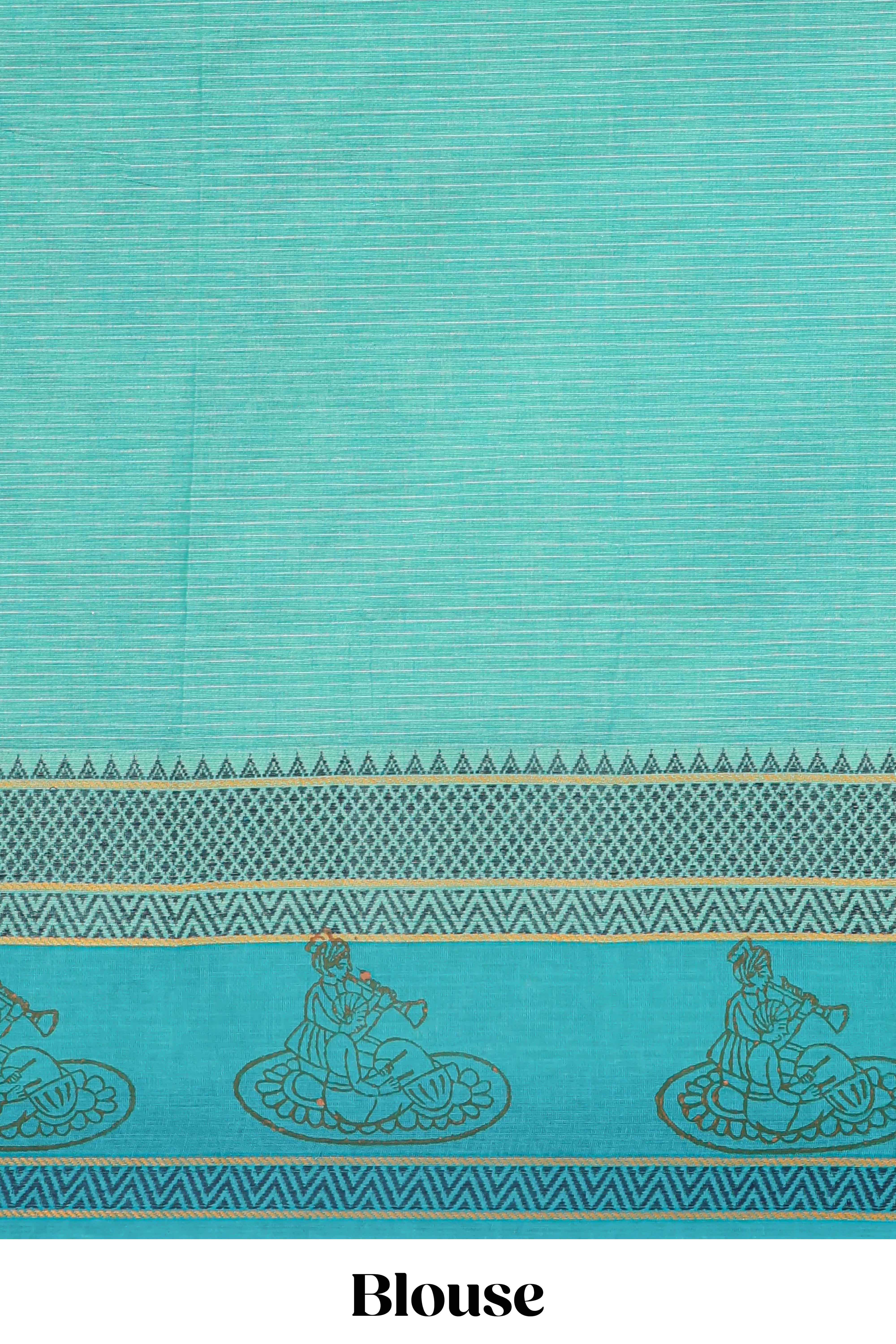Green checked bamboo leaf design chirala cotton saree with self border and matching blouse
