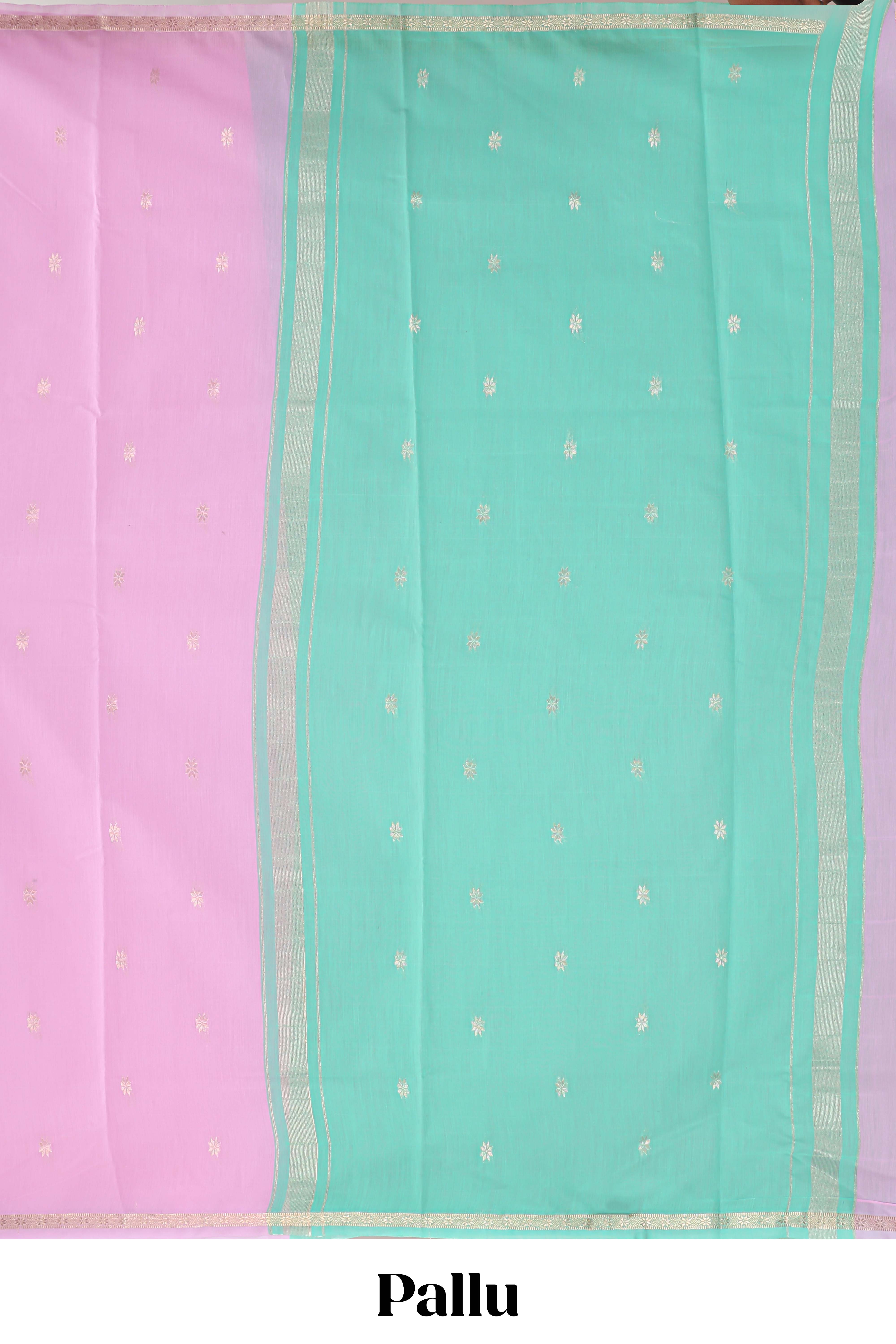 Pink floral motifs maheshwari cotton saree with self zari border and contrast blouse