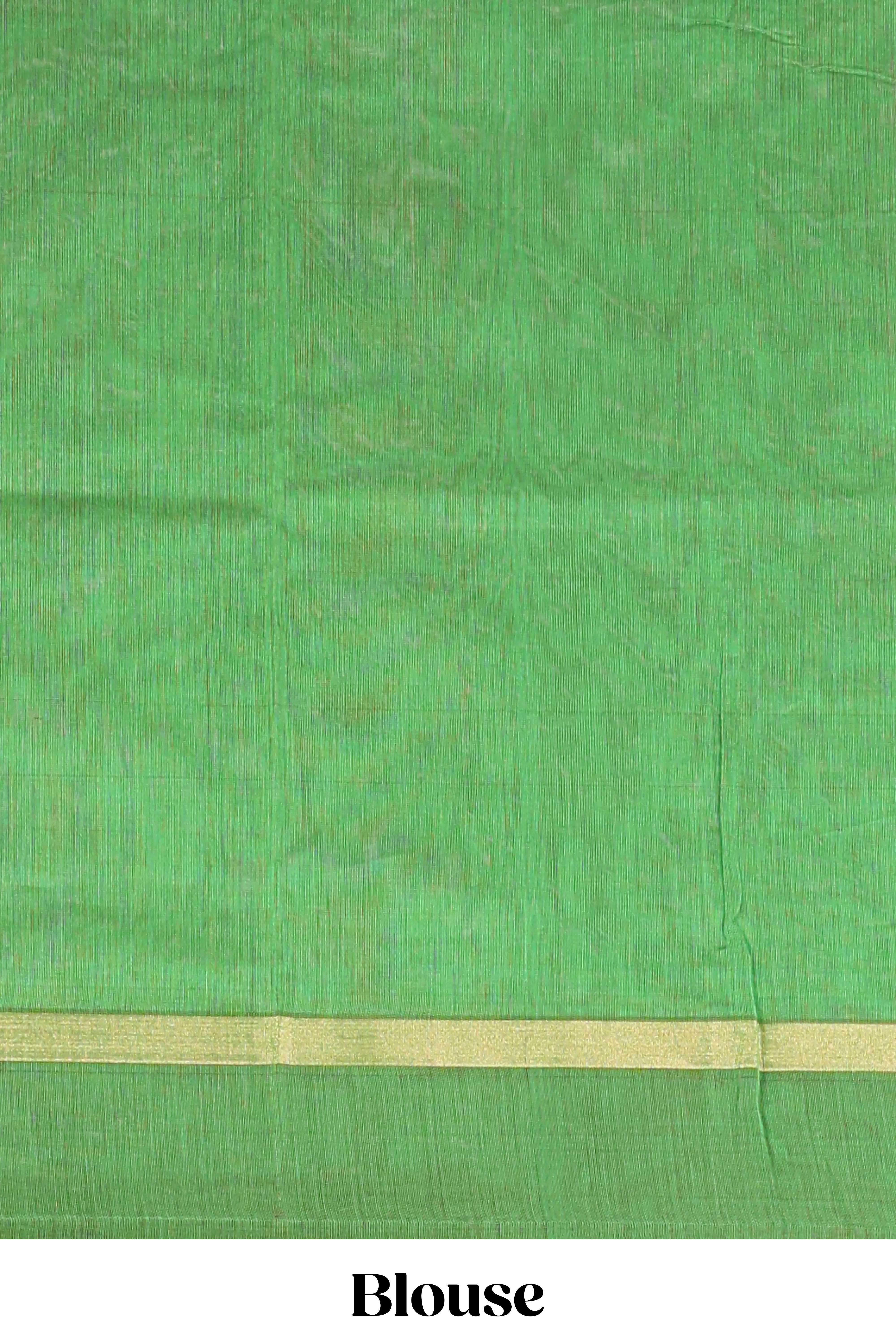 Green plain ikkat cotton saree with self border and zari striped pallu