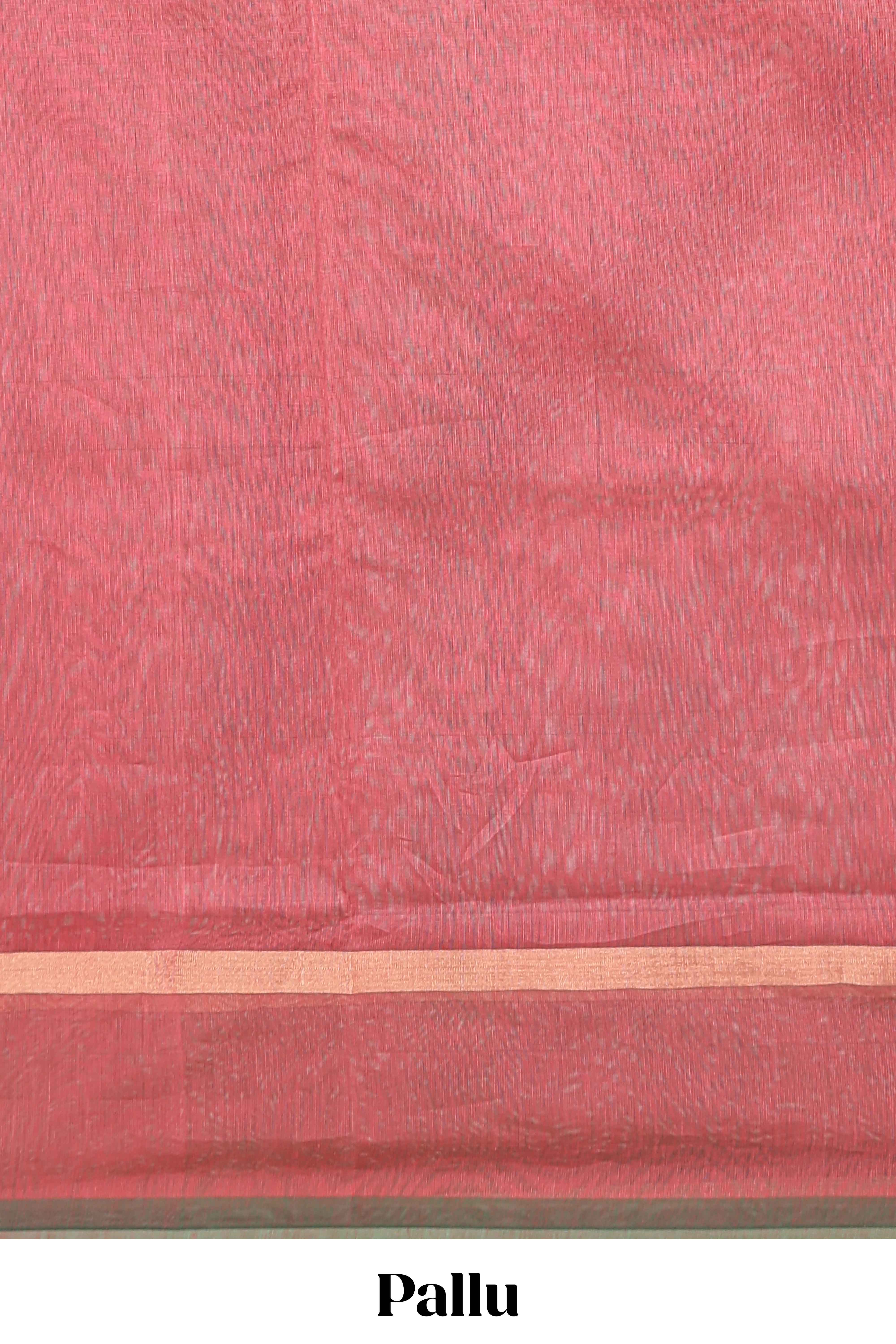 Brick red plain ikkat cotton saree with self border and zari striped pallu
