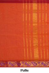 Orange plain venkatagiri cotton saree with contrast zari design border and striped pallu