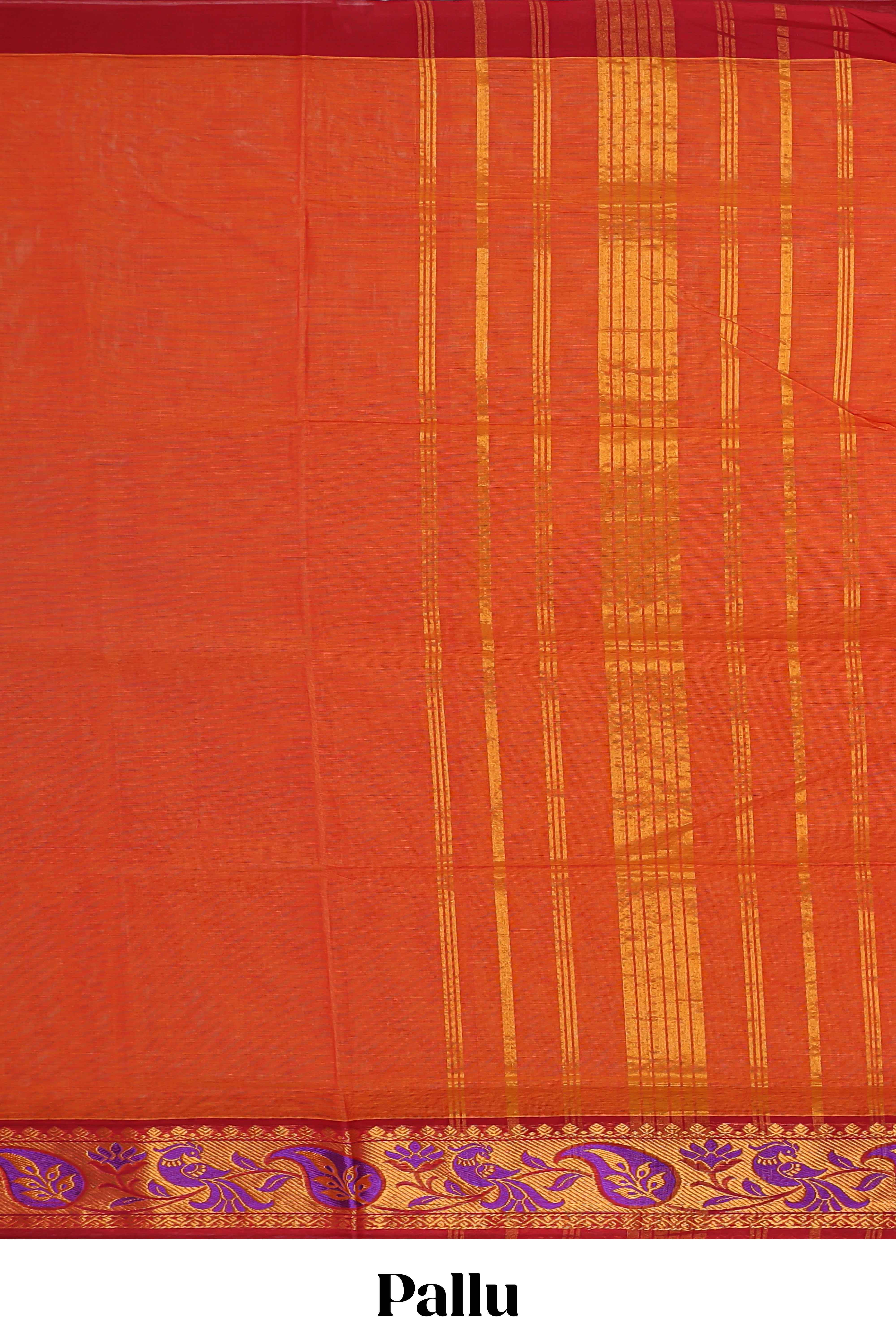 Orange plain venkatagiri cotton saree with contrast zari design border and striped pallu