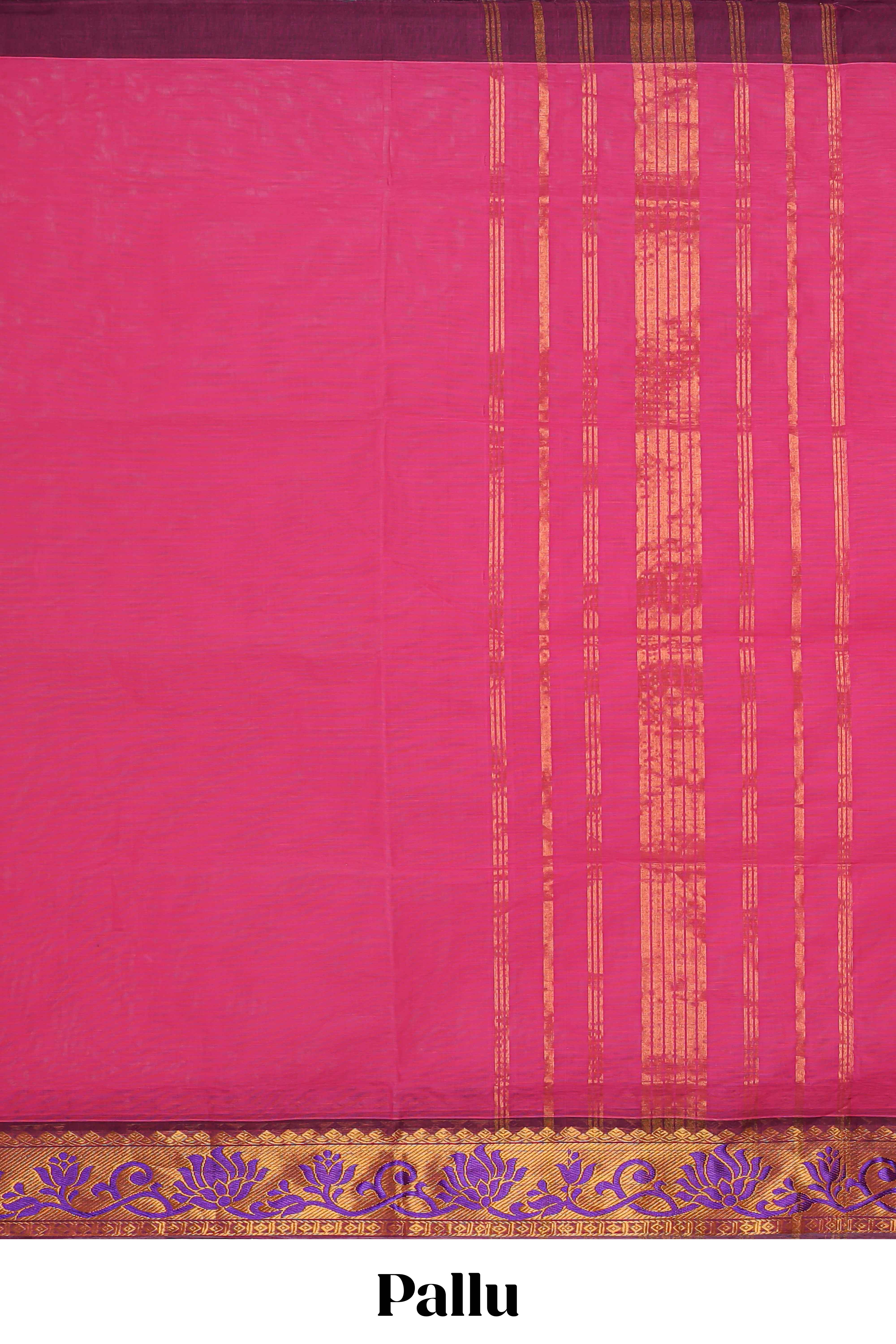 Pink plain venkatagiri cotton saree with contrast zari design border and striped pallu