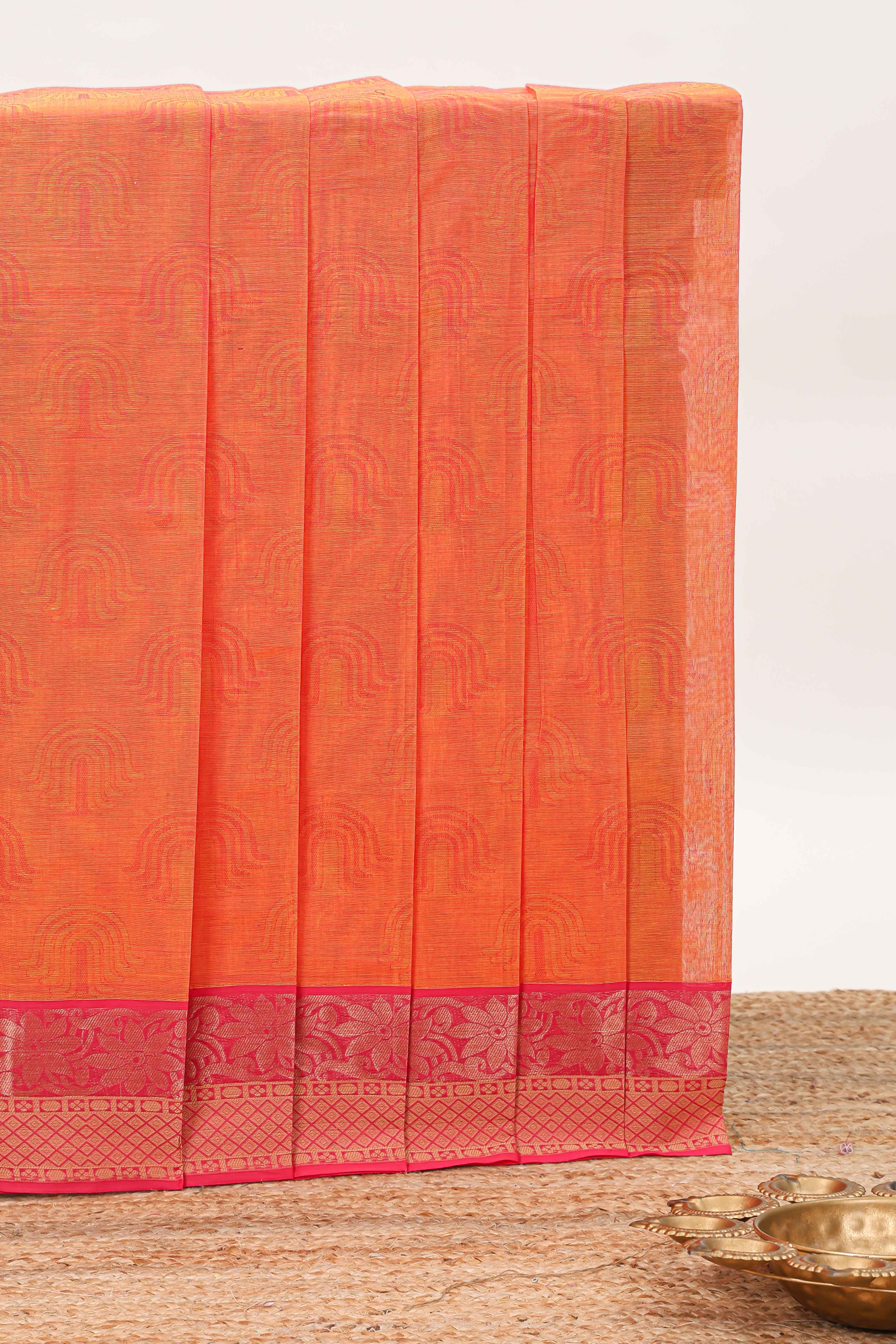 Orange unique design kovai cotton saree with contrast border and matching pallu